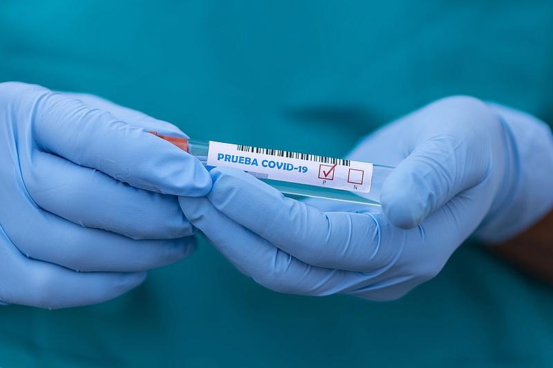 Healthcare personnel wearing blue rubber gloves holding COVID-19 test tube