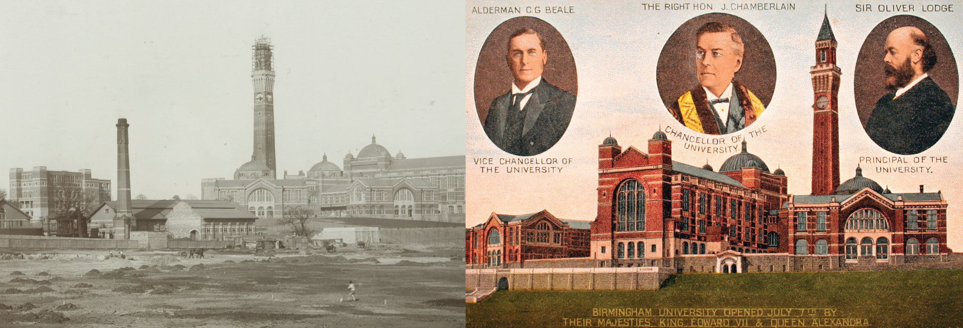 Historic view and illustration of the early University of Birmingham campus and clock tower.