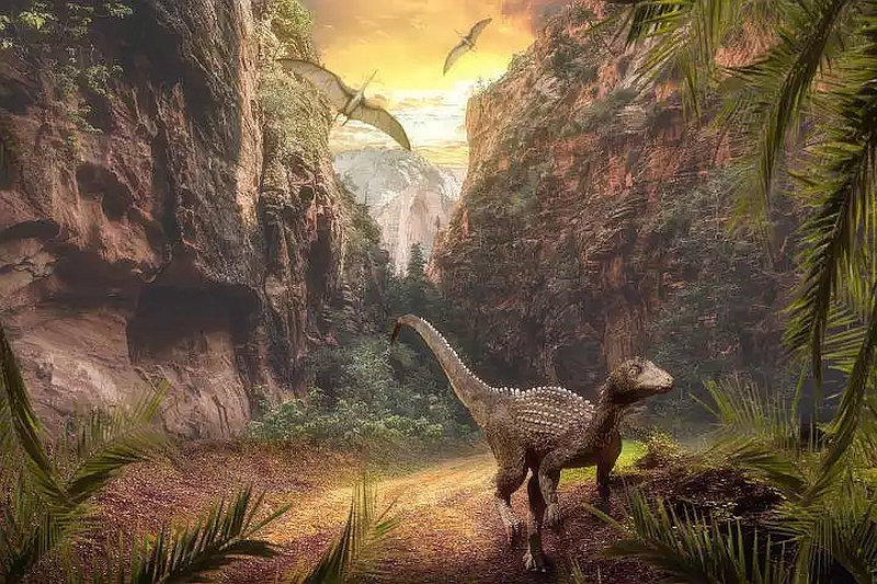 Dinosaurs in prehistoric landscape