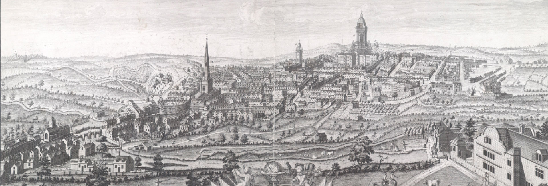 A black-and-white illustration of Birmingham from the 18th Century.