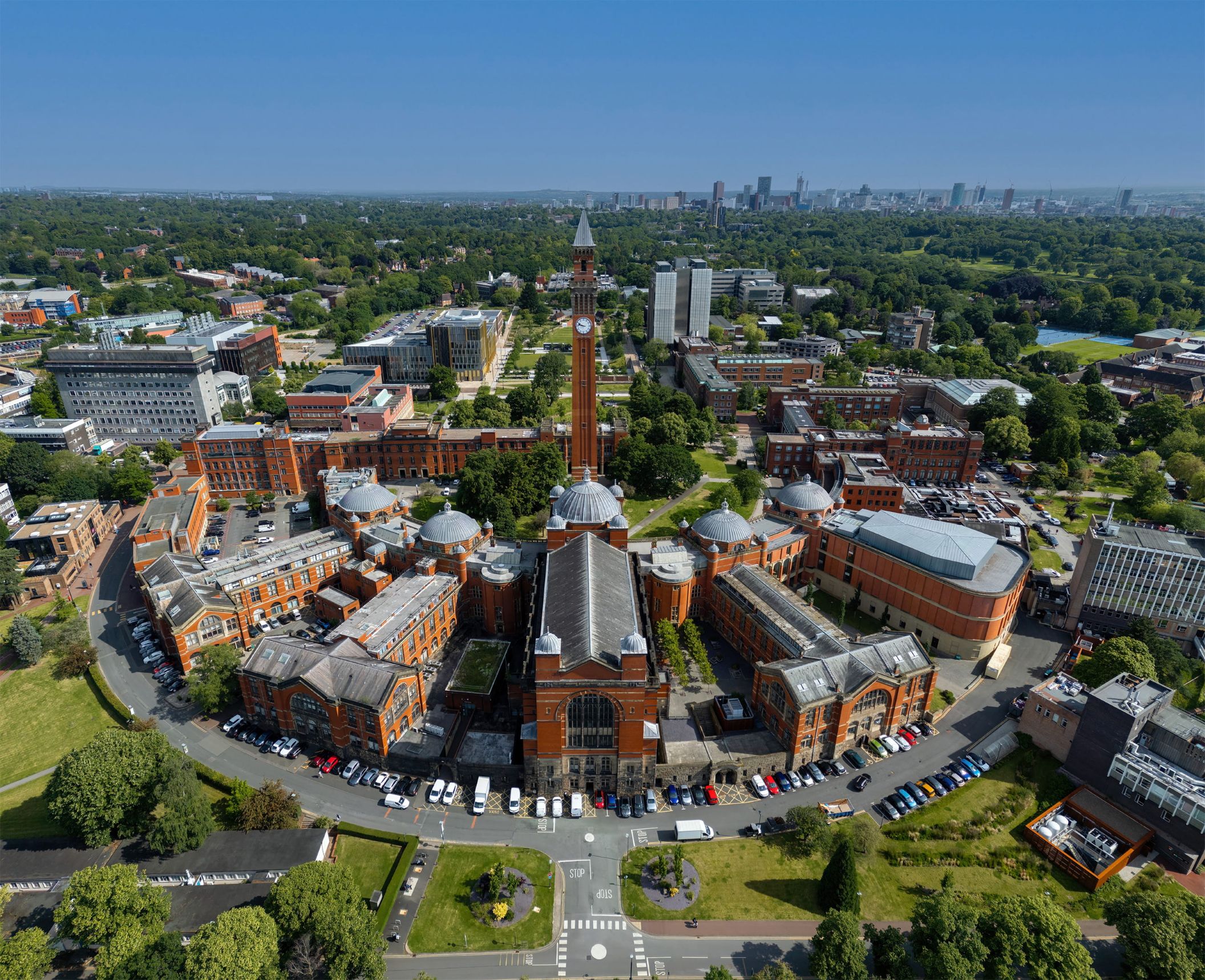 Aerial view of the Edgbaston campus with Old Joe in the centre.