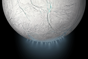 Enceladus moon showing icy plume