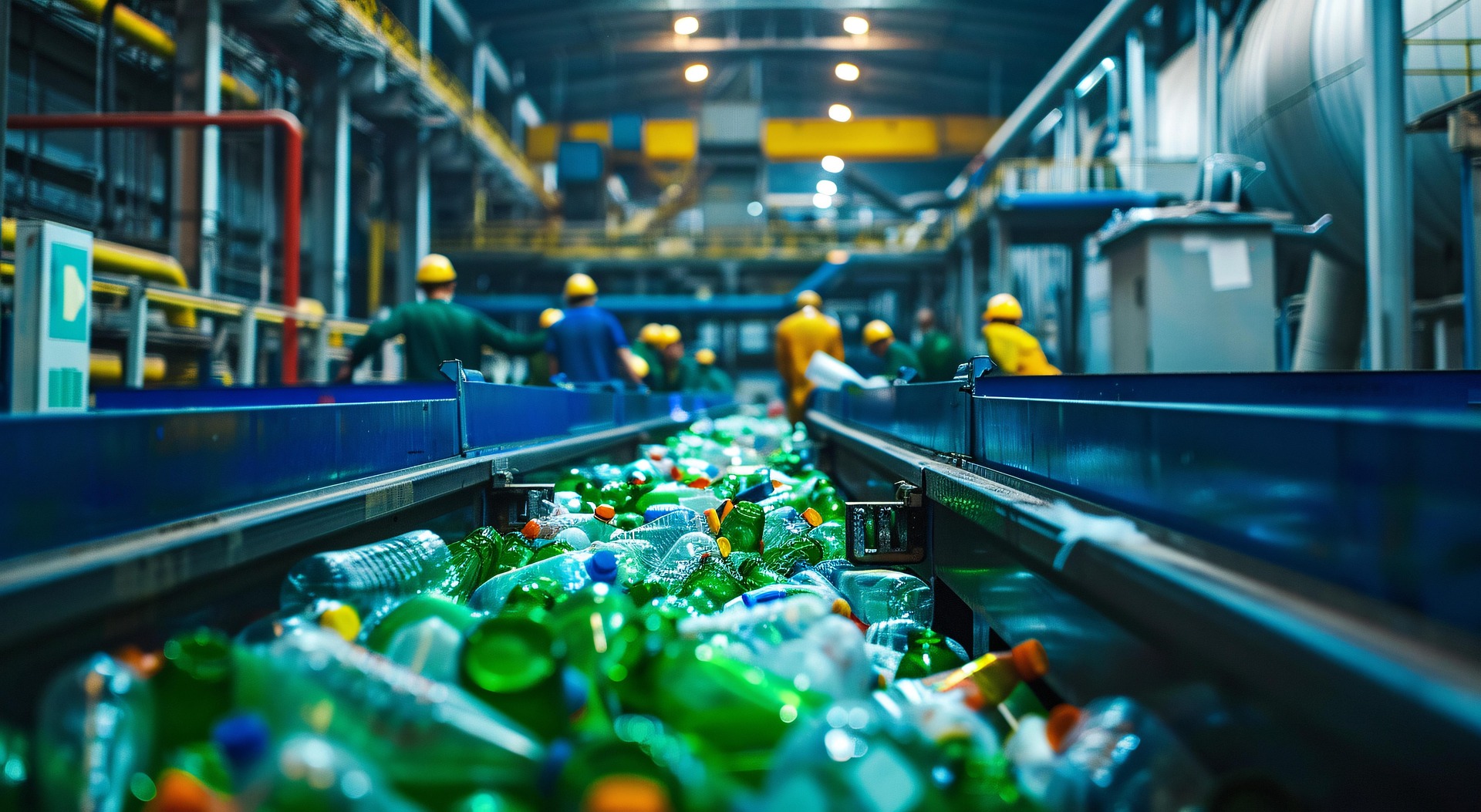Plastic bottles on a processing conveyor belt in a recycling factory