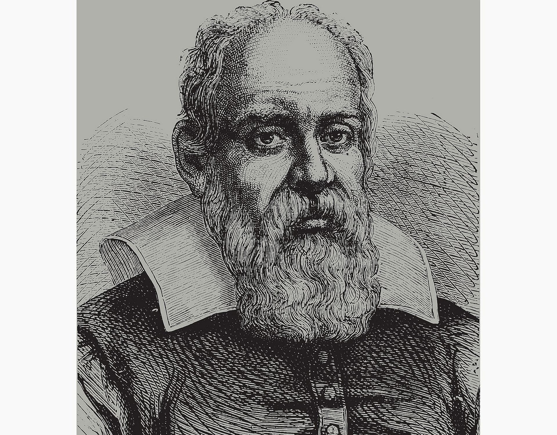 A pen and ink drawing of Galileo Galilei