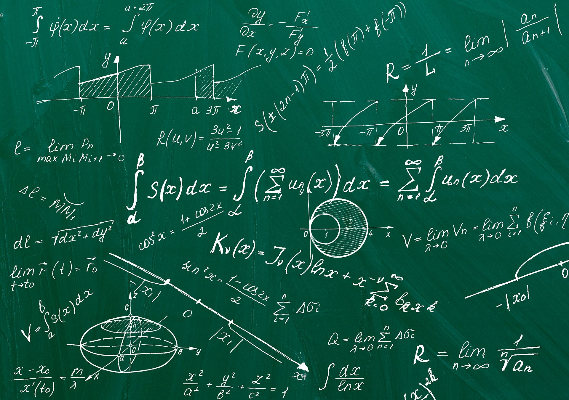 Equations and formulae written on a green board in white chalk