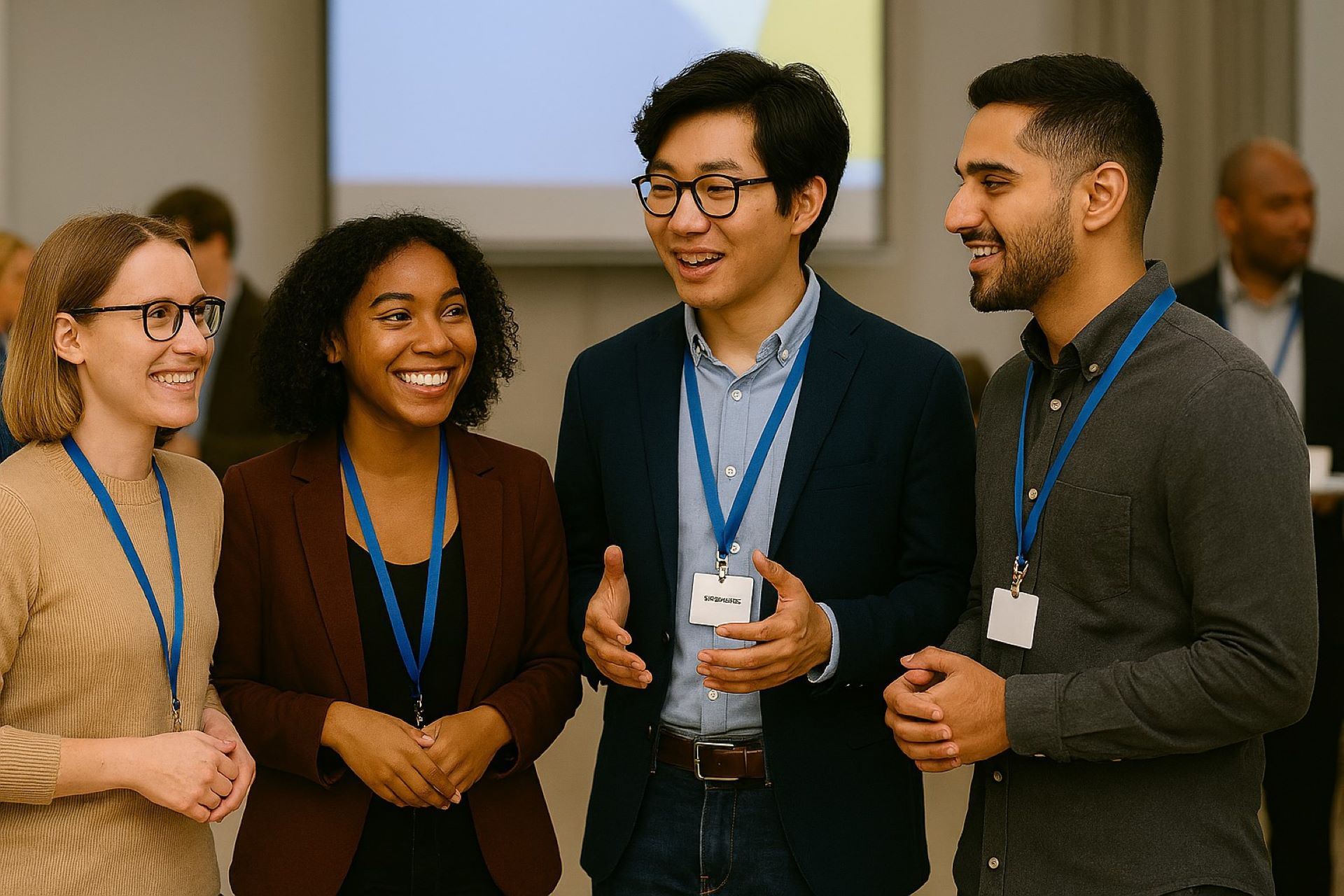 A group of researchers standing in a group having a discussion at a conference