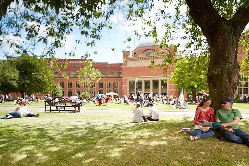 Students sat on grass in Aston Webb on the Green Heart
