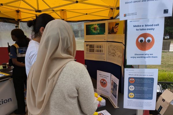A lady wearing a headscarf looking at diagrams and posters in an Open Day tent.