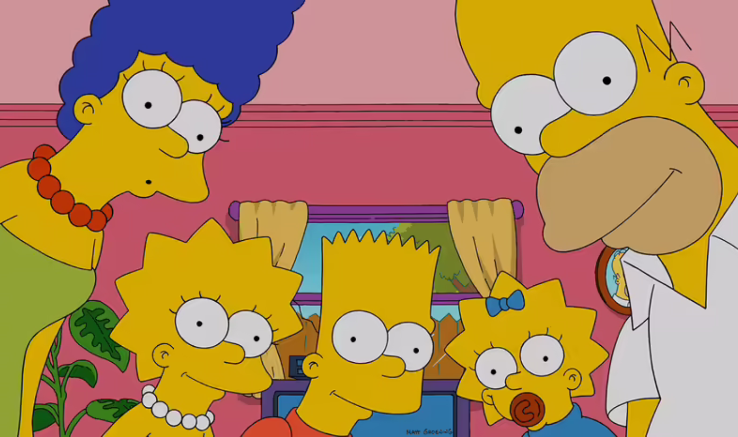 A close up image of the Simpsons family looking at the audience; L-R - Marge, Lisa, Bart, Maggie, Homer.