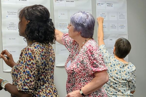 Three women wearing floral patterned shirts writing on pieces of paper stuck to a whiteboard.