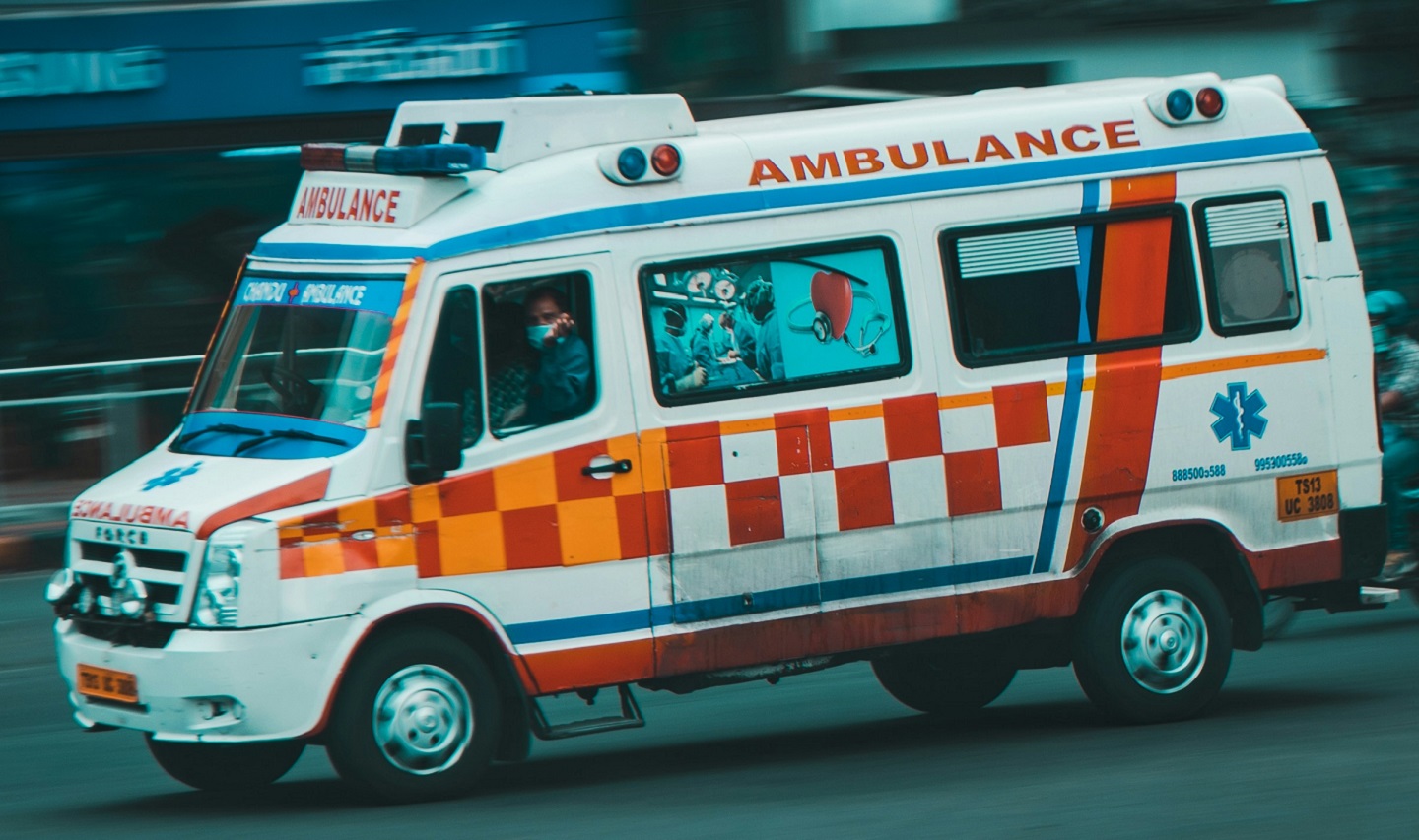 An ambulance races to hospital