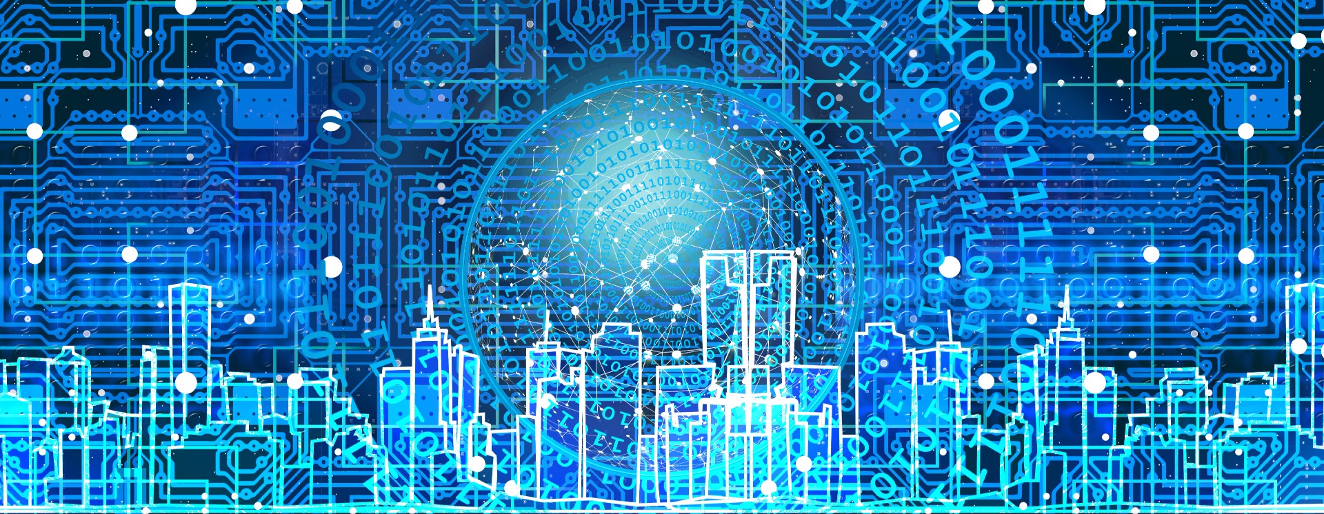 City skyline against a blue background of binary numbers and circuit boards