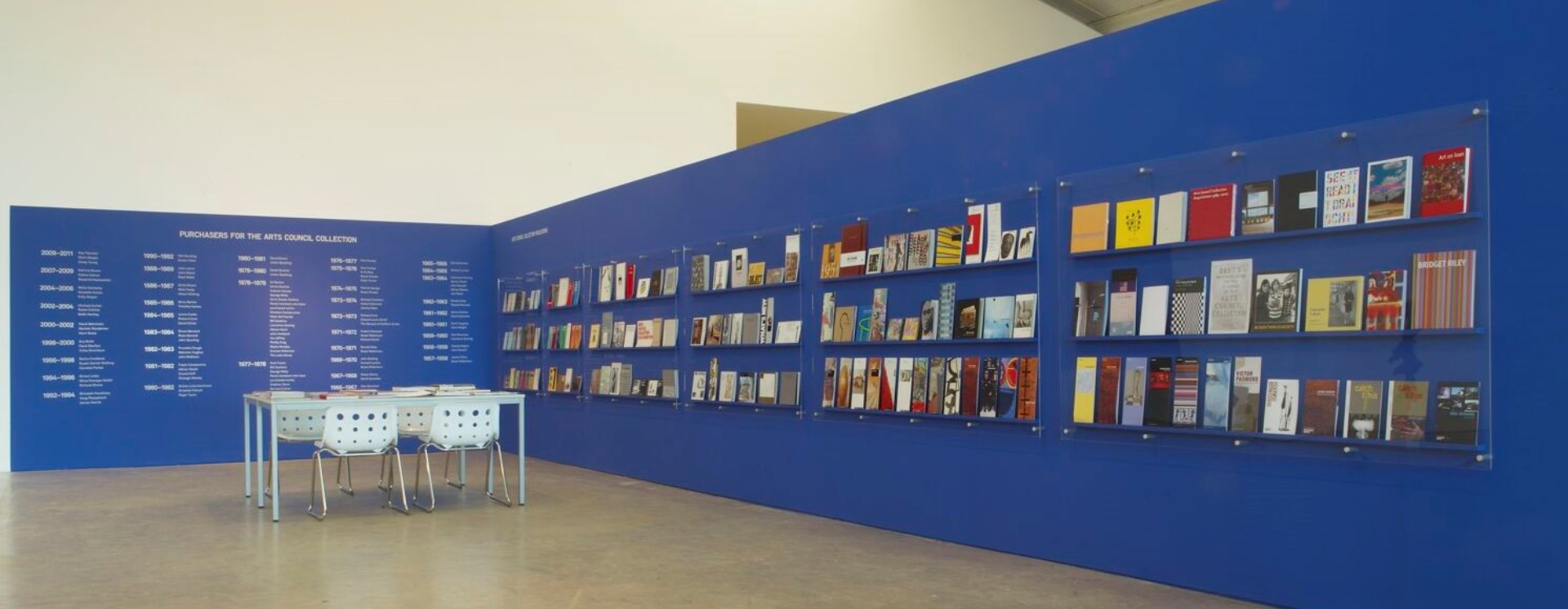 A display of Arts Council Collection catalogues at the Longside gallery, photograph credit to Aurella Yuseff. 