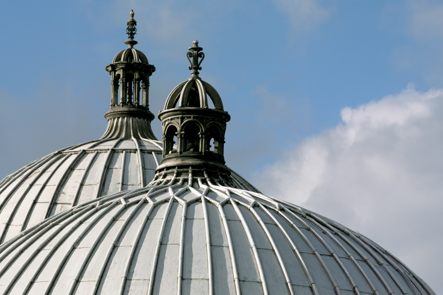 Close-up of two domes and their finials on the Aston Webb building