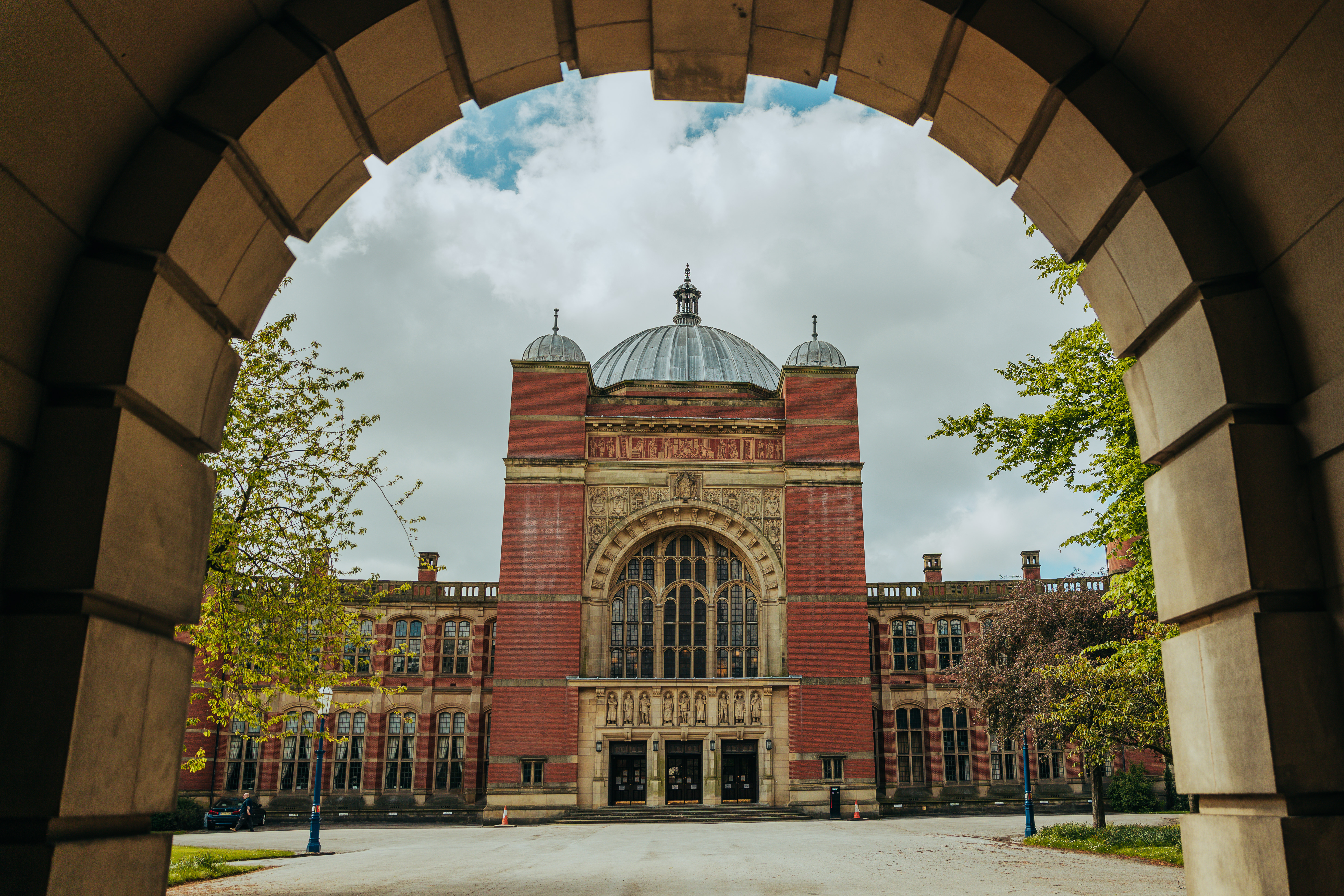 The main entrance to the Aston Webb building viewed through the arch of Old Joe