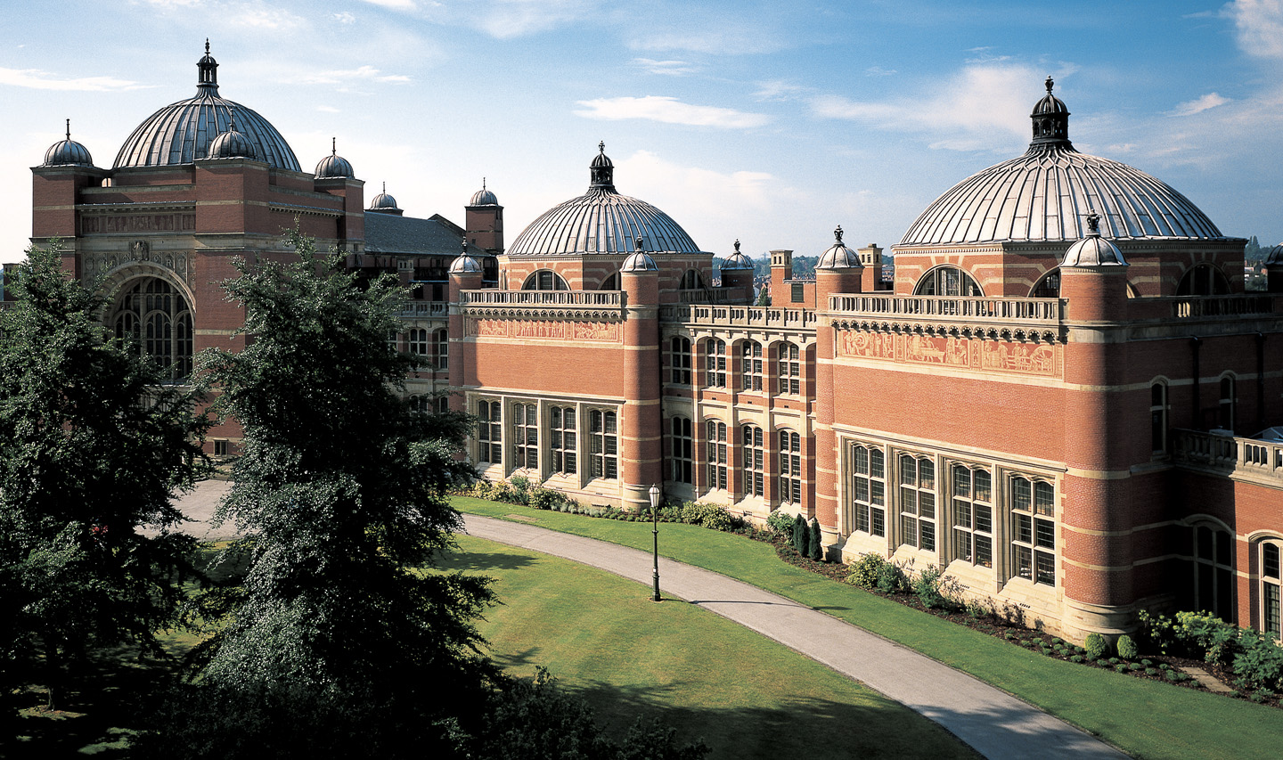 Aerial view of one half of the Aston Webb building with three domes