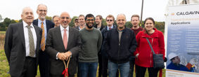 Martin Gough, Founder and Managing Director of CALGAVIN, (left), Professor Jonathan Seville (second from left) and Nadhim Zahawi MP (third from left) with chemical engineers and other representatives from the University of Birmingham and CALGAVIN