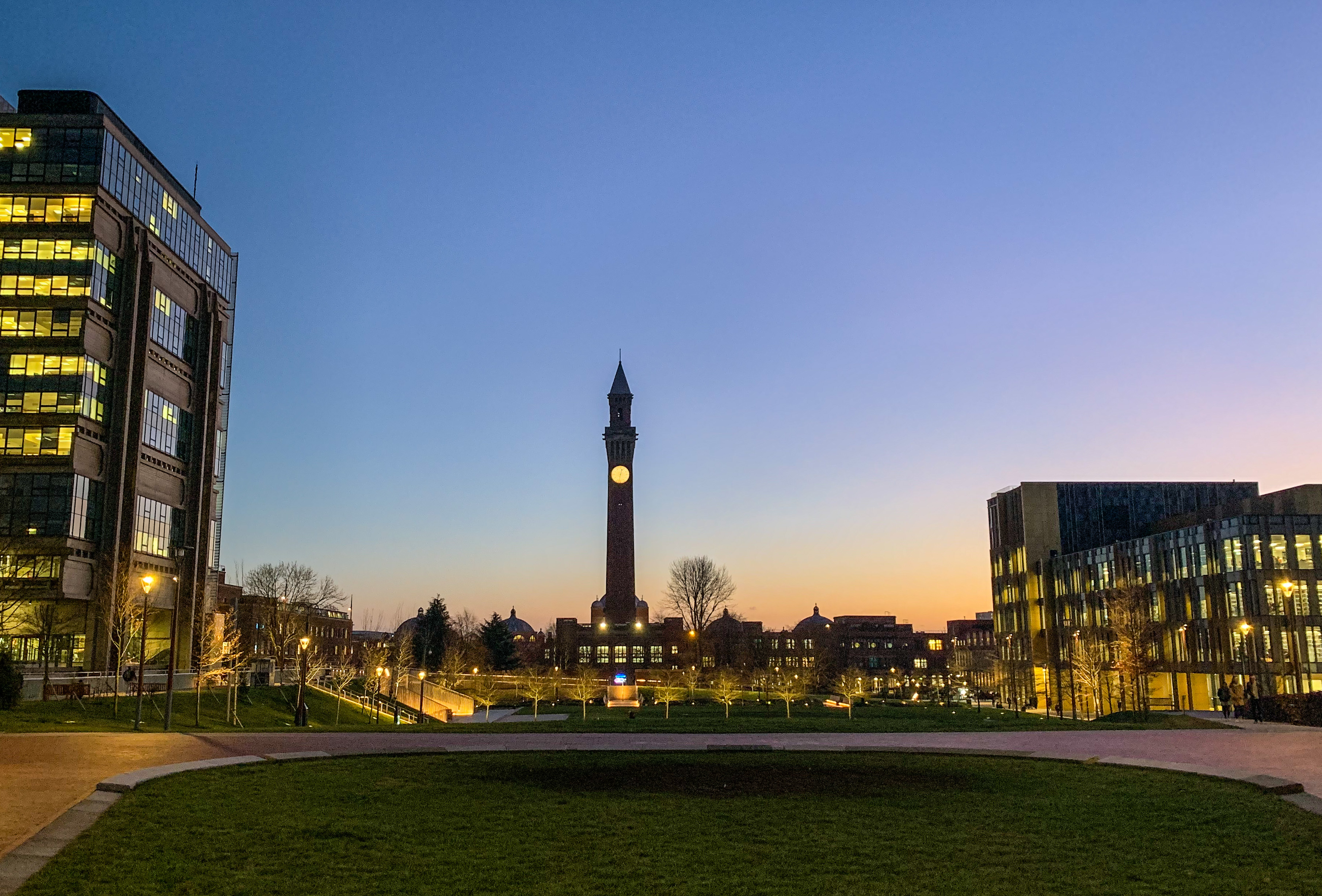 University of Birmingham campus at night.