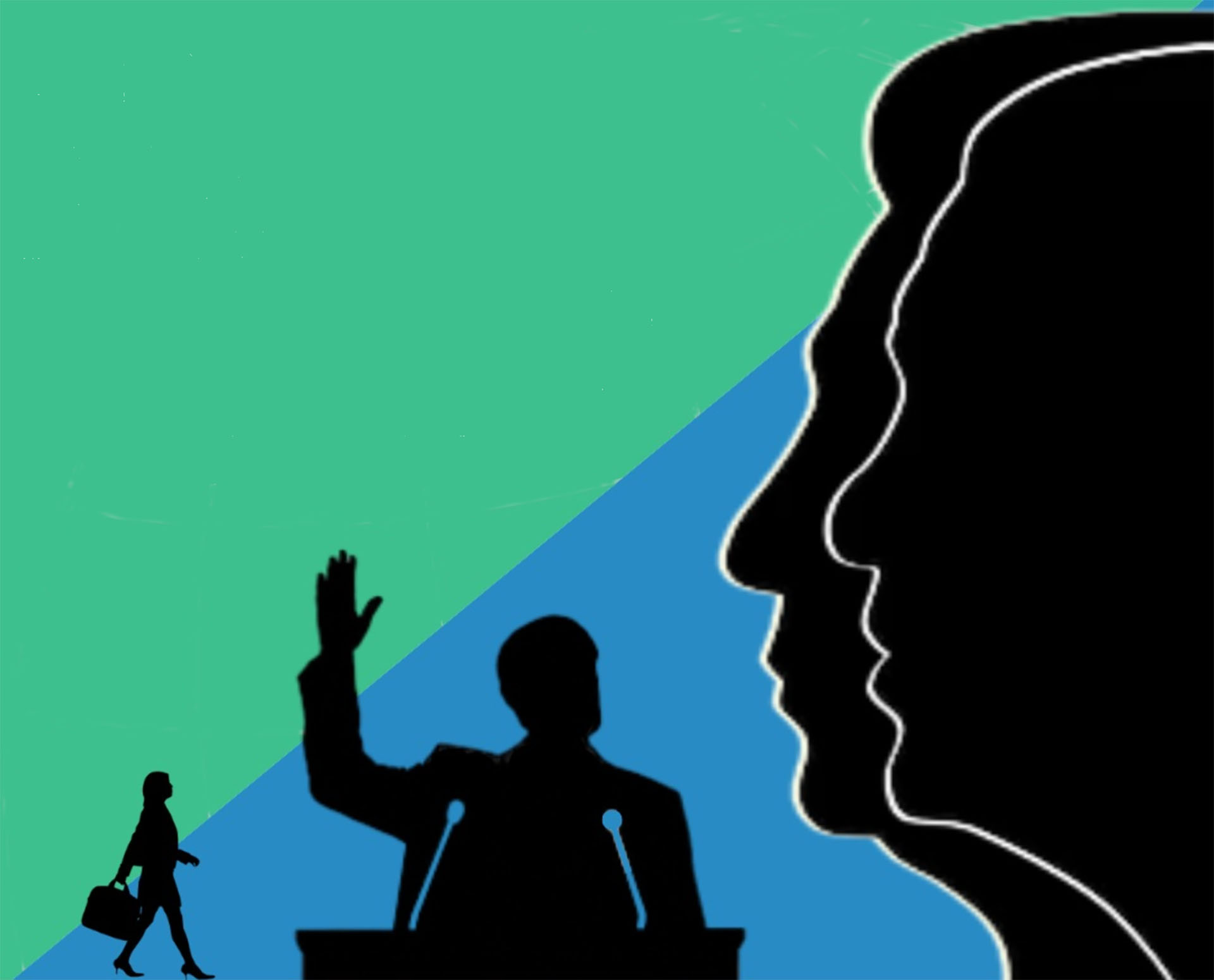 A graphical representation of a democratic society. Black figures on a green and blue background