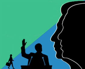 A graphical representation of democracy with silhouetted figures against a blue and green background