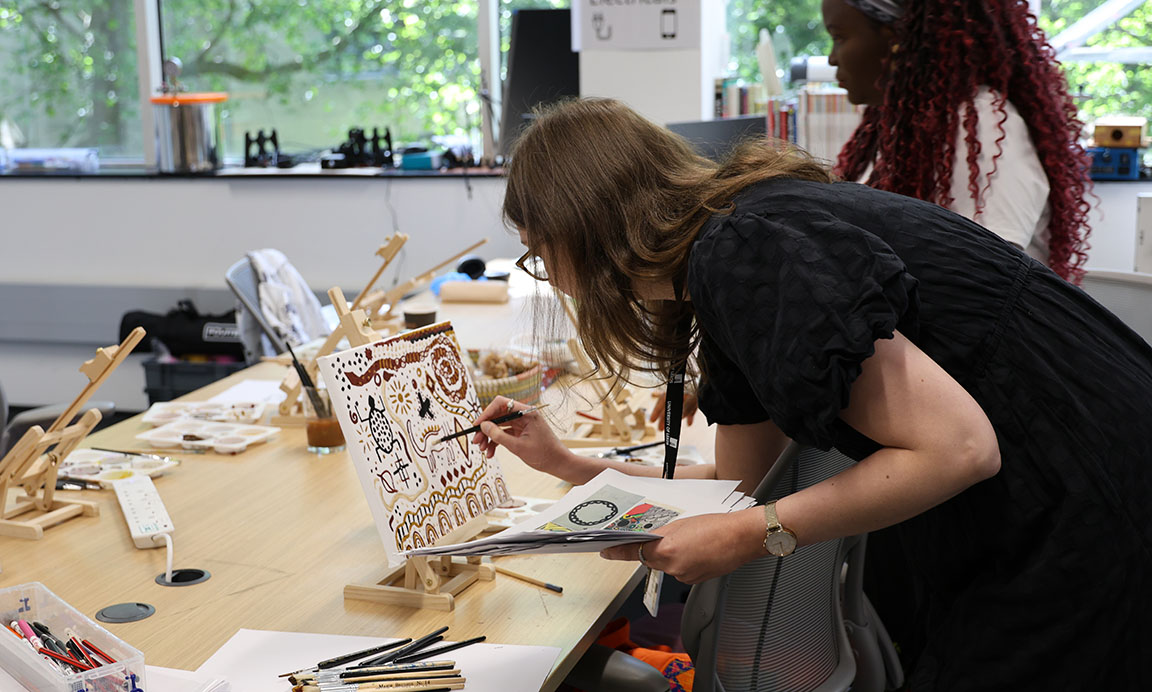 Two people painting at a table