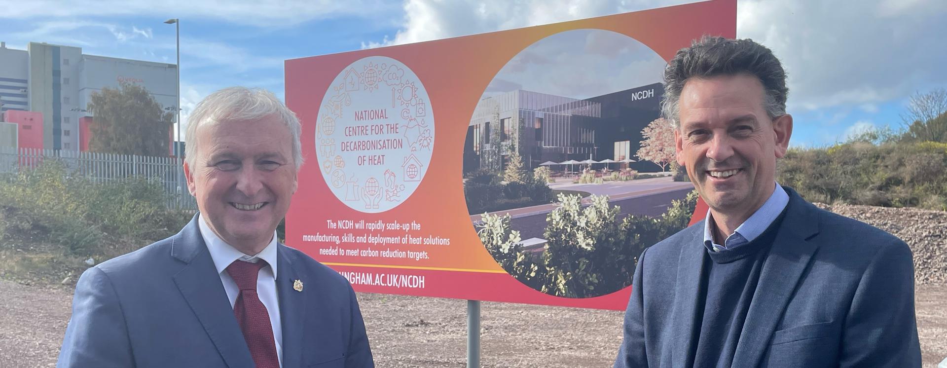 Birmingham City Council Leader, Councillor Ian Ward stands with Professor Martin Freer at the proposed site for the National Centre for the Decarbonisation of Heat