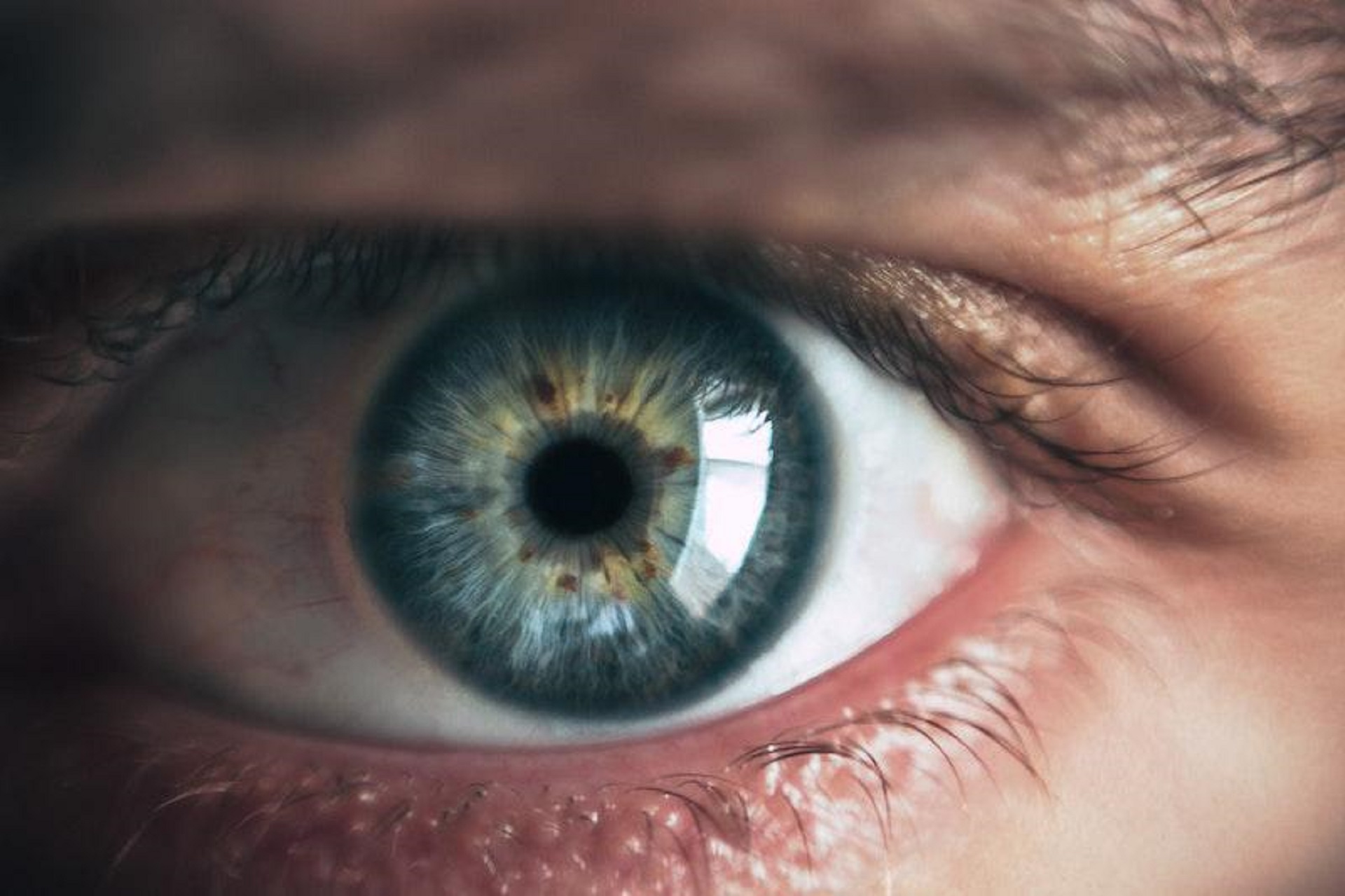 Closely cropped picture of human eye, with hazel blue iris and reflected light to the right of the pupil 