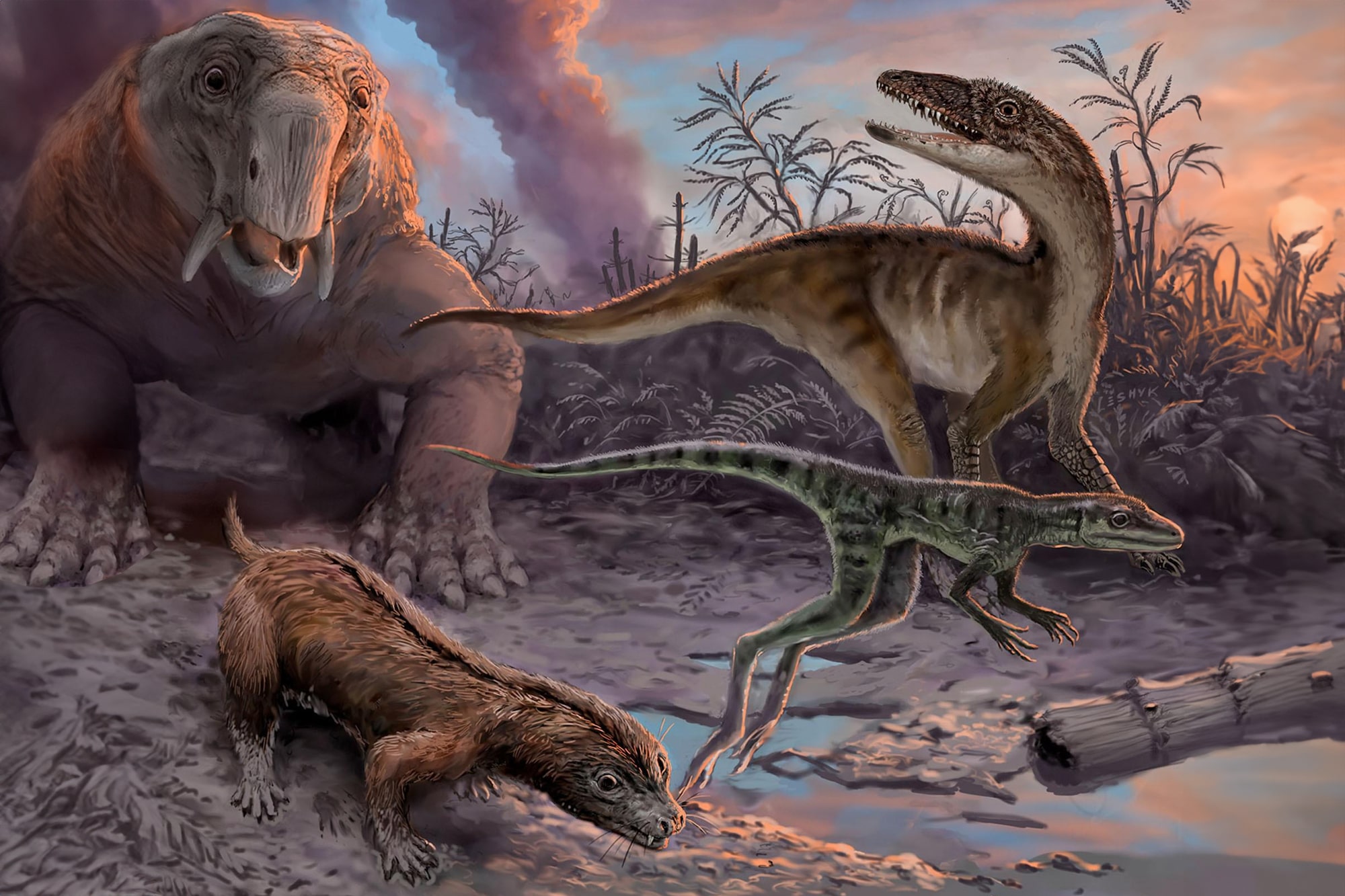 Computer illustration of dinosaurs and a small mammal