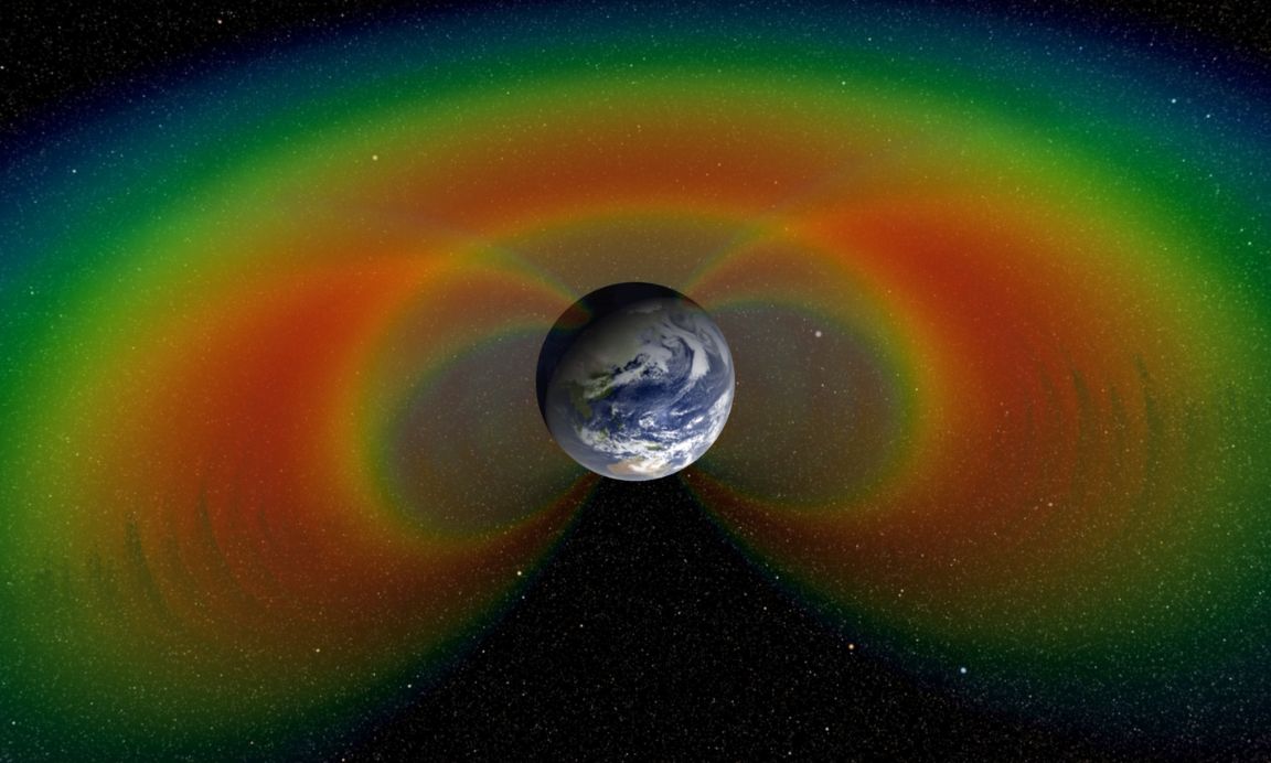 Simulated image of Earth in the centre surrounded by rainbow coloured lights.