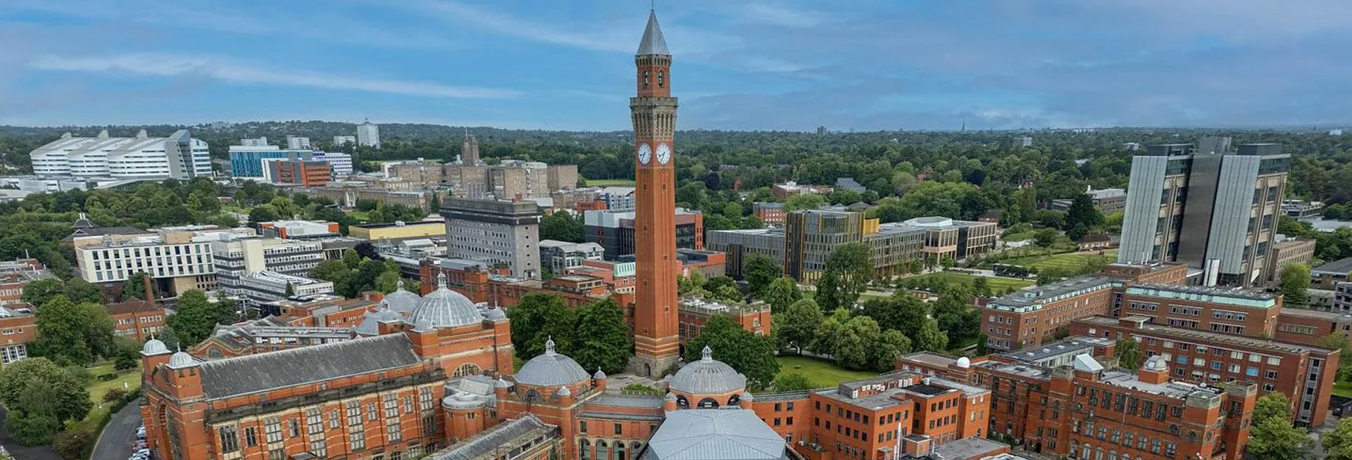 Aerial view of the University of Birmingham's Edgbaston campus with Old Joe at its centre