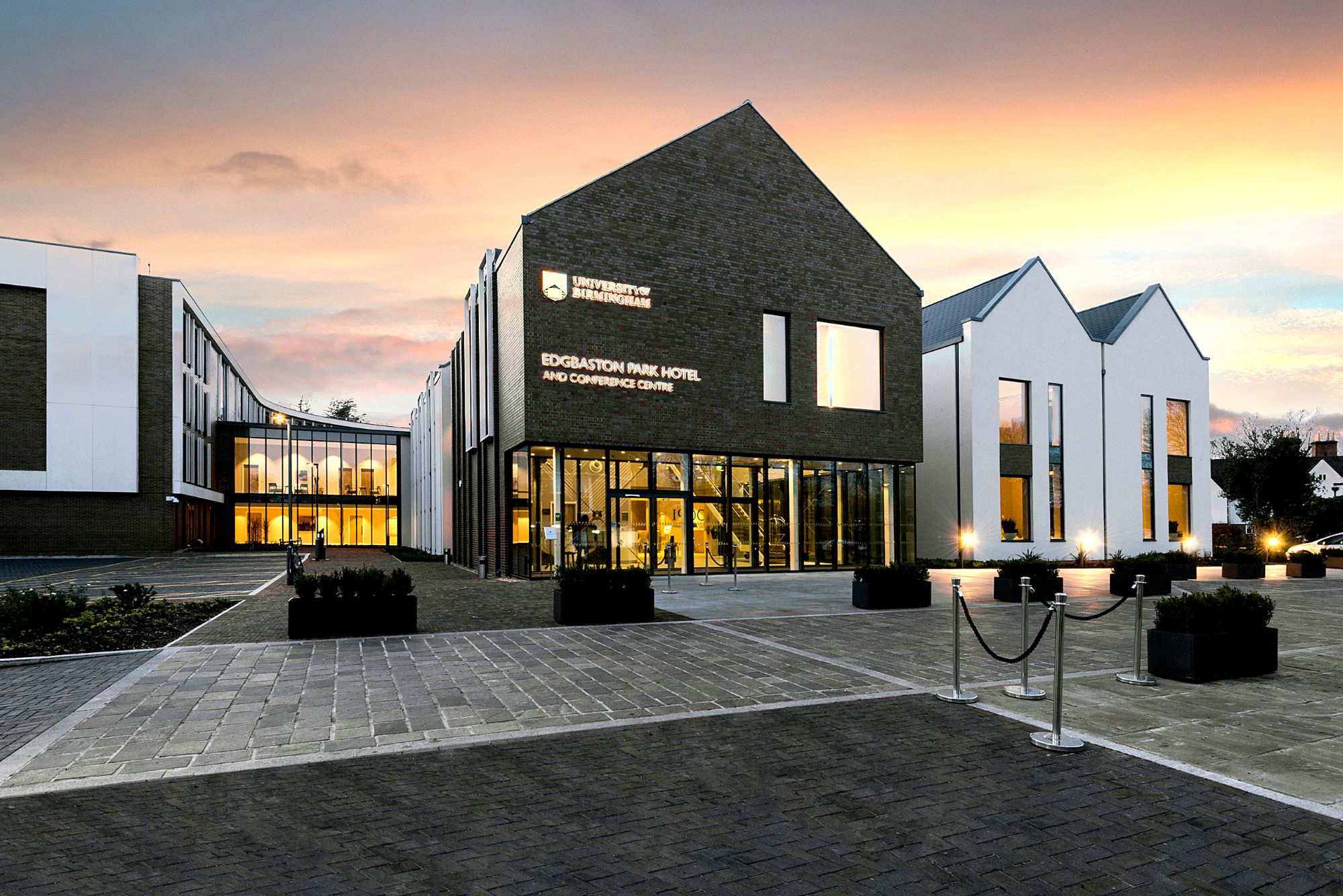 The exterior of Edgbaston Park Hotel at sunset