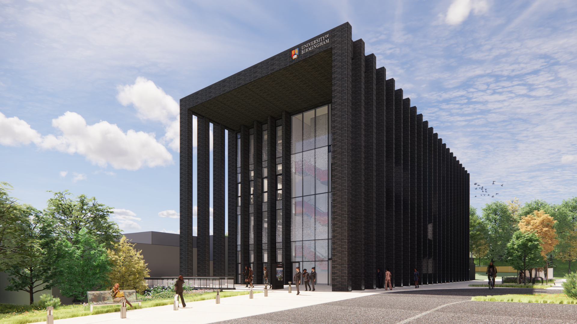 Artist impression of the Birmingham Energy Institute building in the day time. 