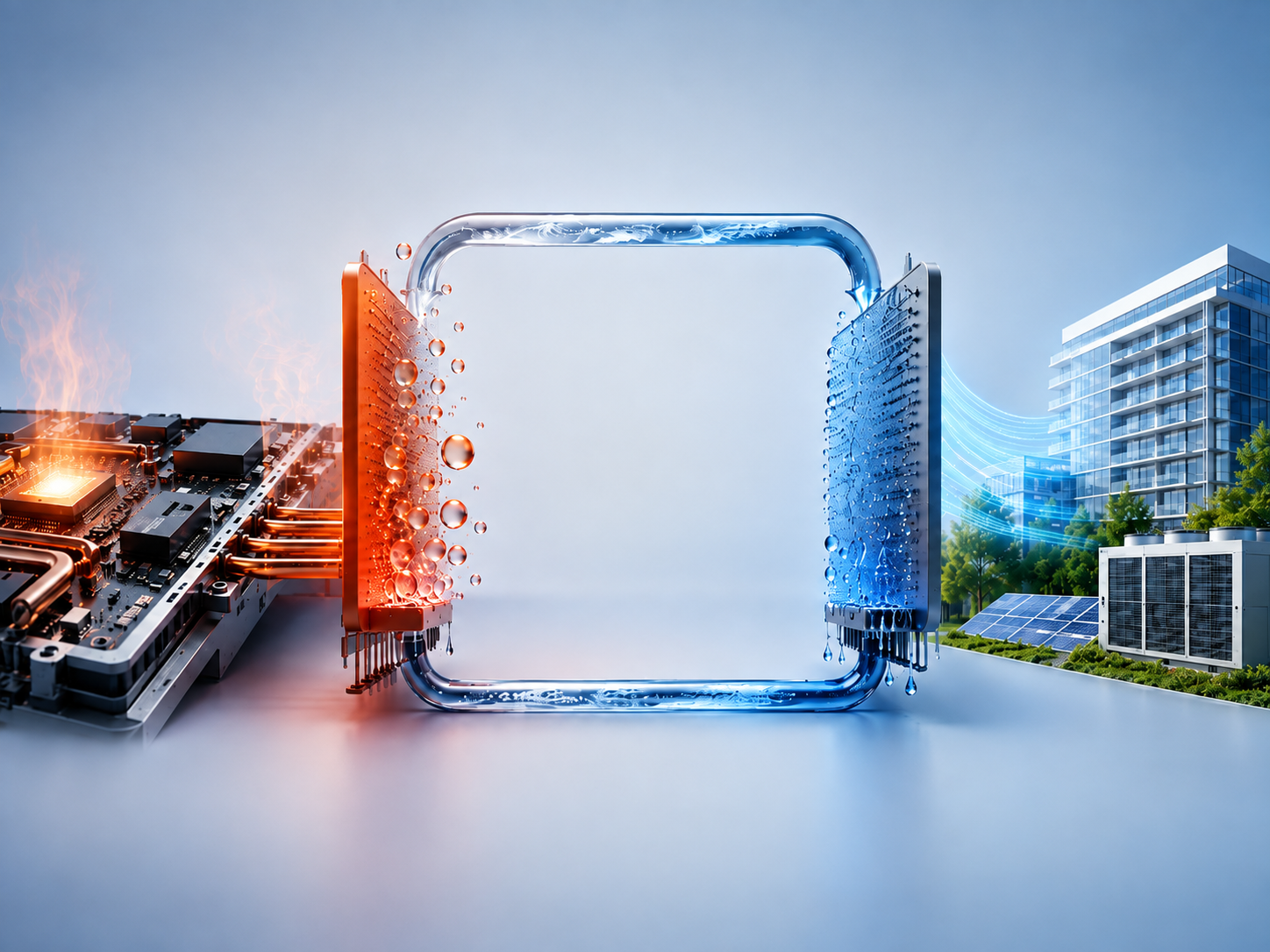 Illustration of sustainable phase-change cooling, linking heat removal from electronics with building-scale cooling and energy systems