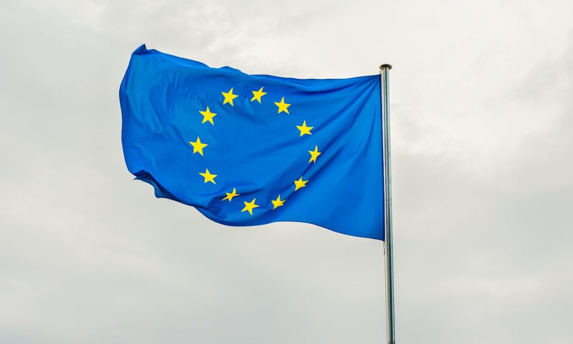 The EU flag waving against a grey sky.