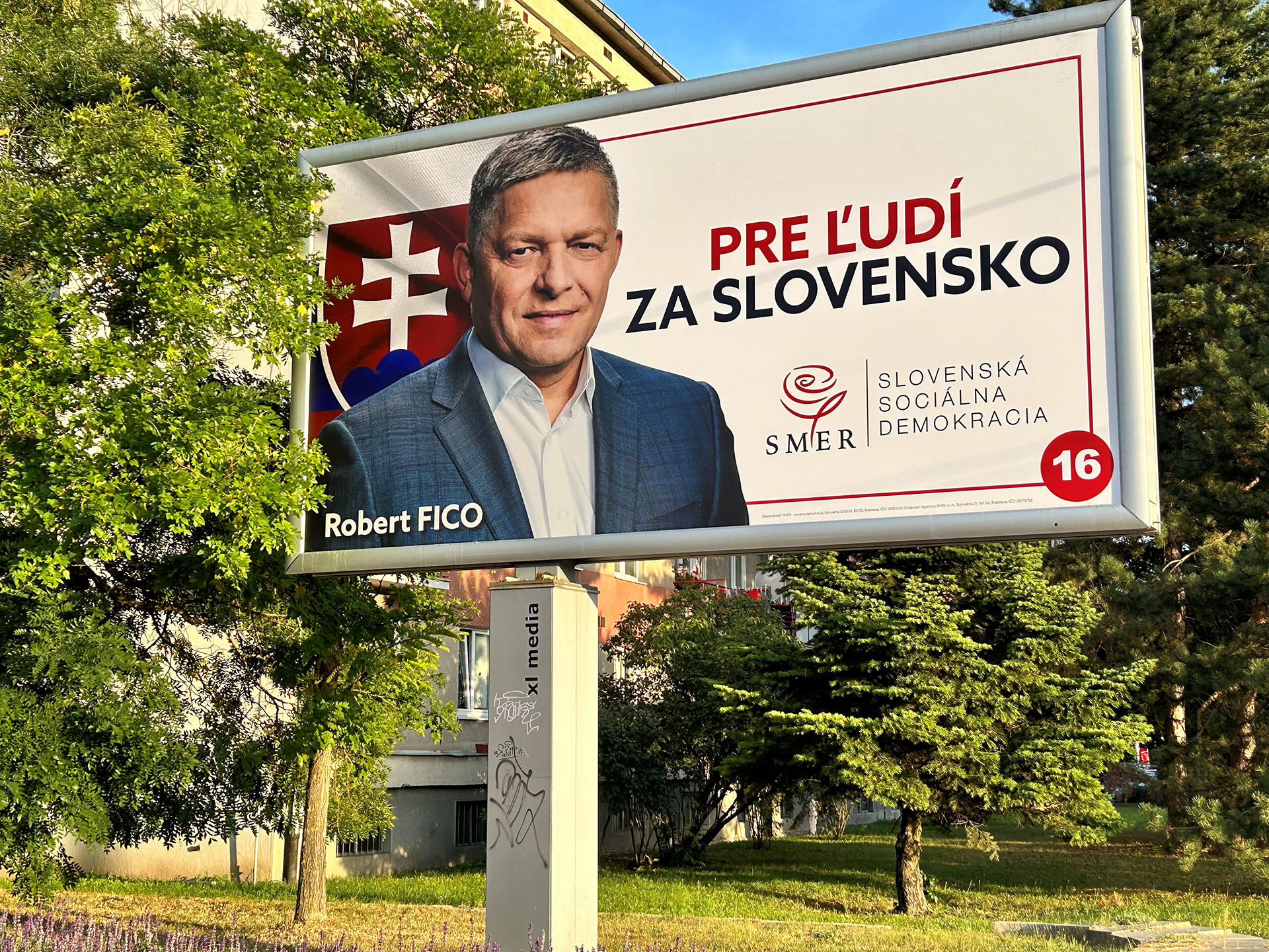 The face of Robert Fico on a billboard in Slovakia
