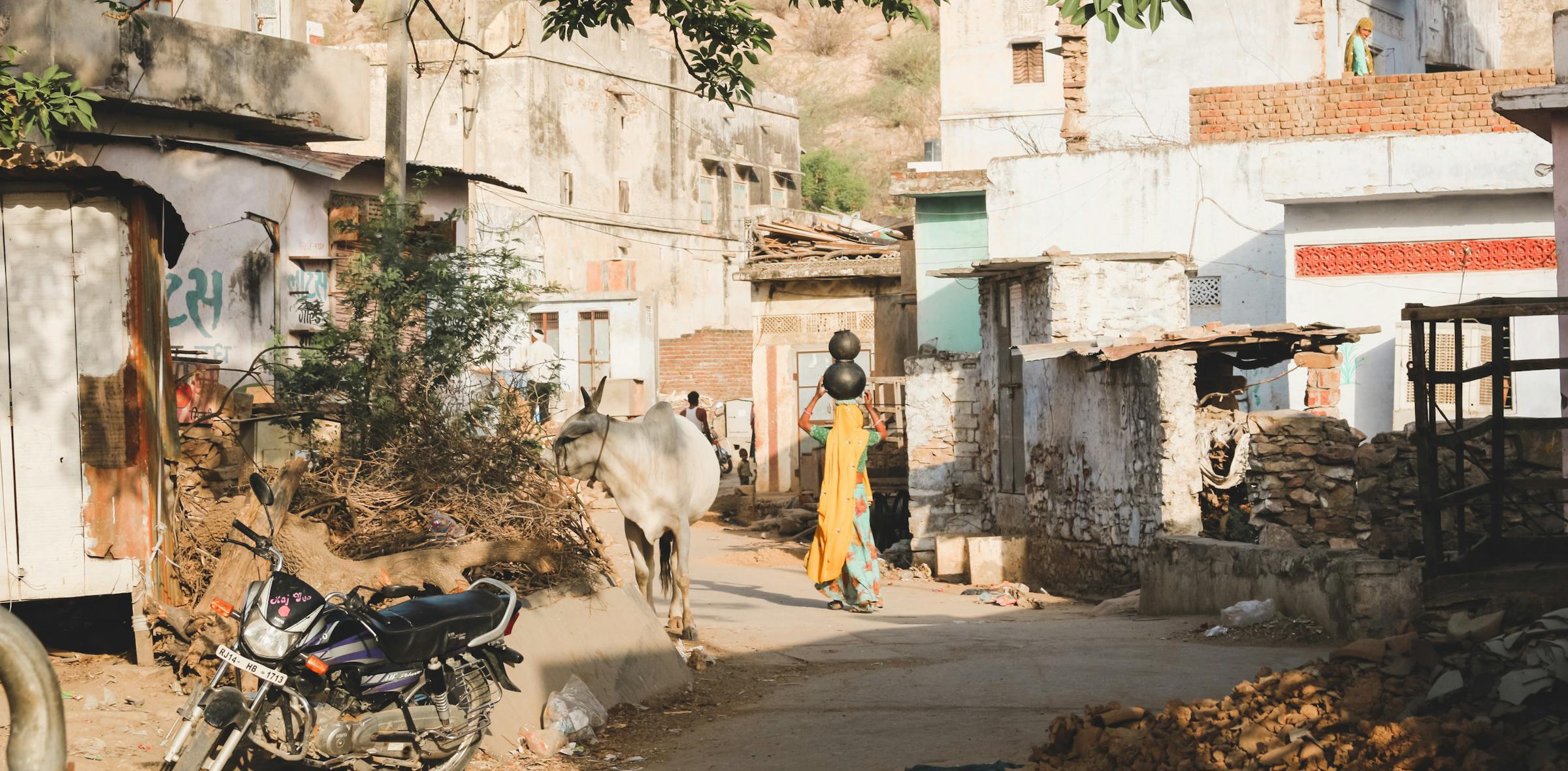 View of rural Indian village street with donkey, motorbike and woman carrying pot. 