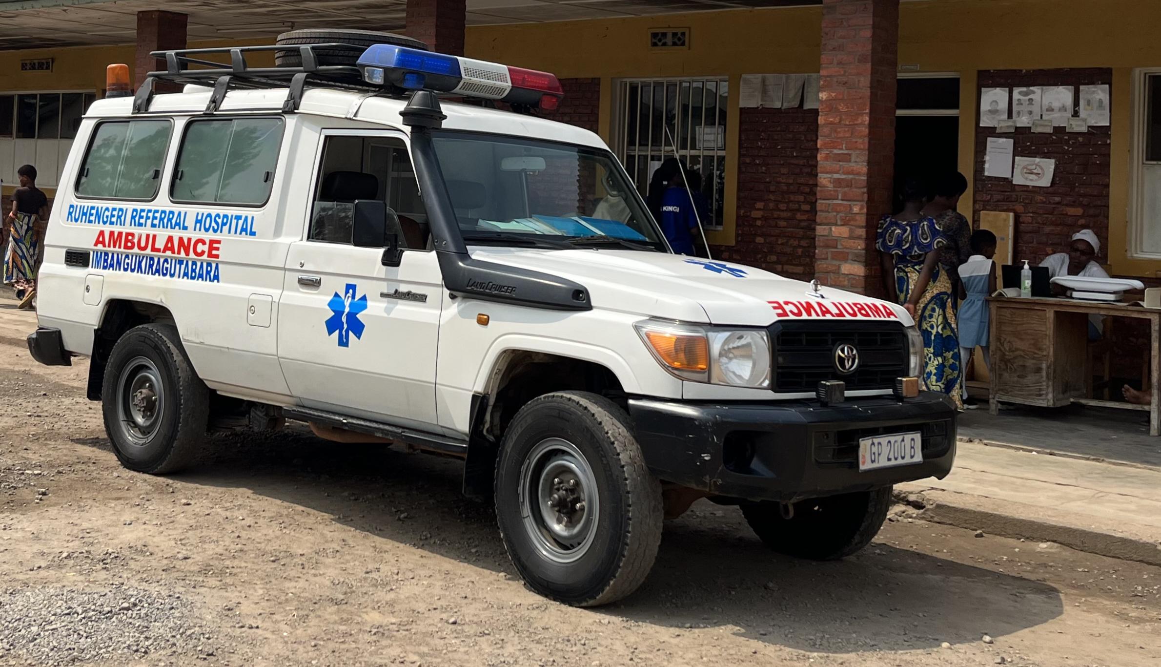 Ambulance in Rwanda parked outside building