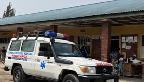Ambulance in Rwanda parked outside building