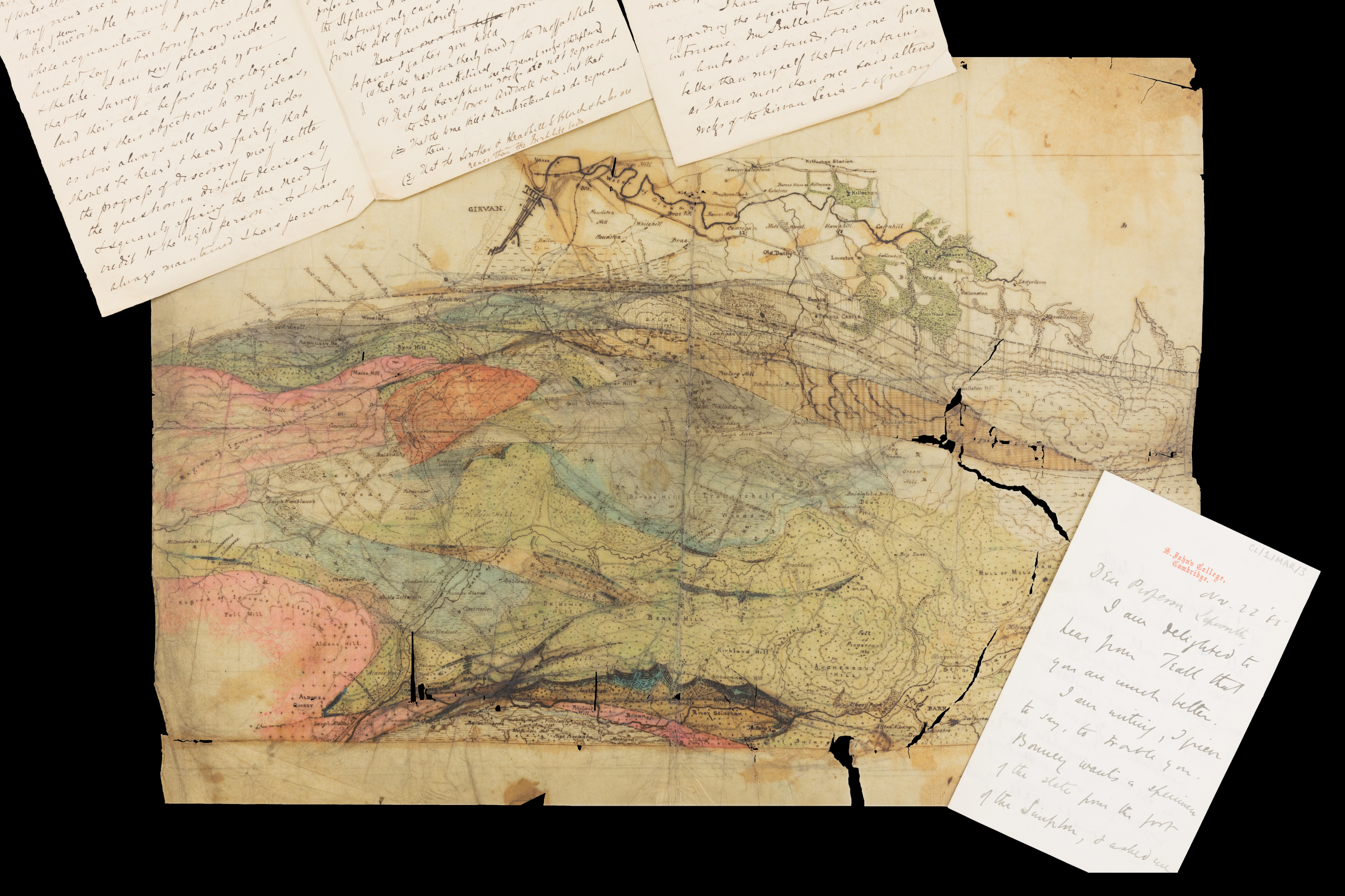 A map drawn by Lapworth of the Southern Uplands and Lapworth's handwritten correspondences.