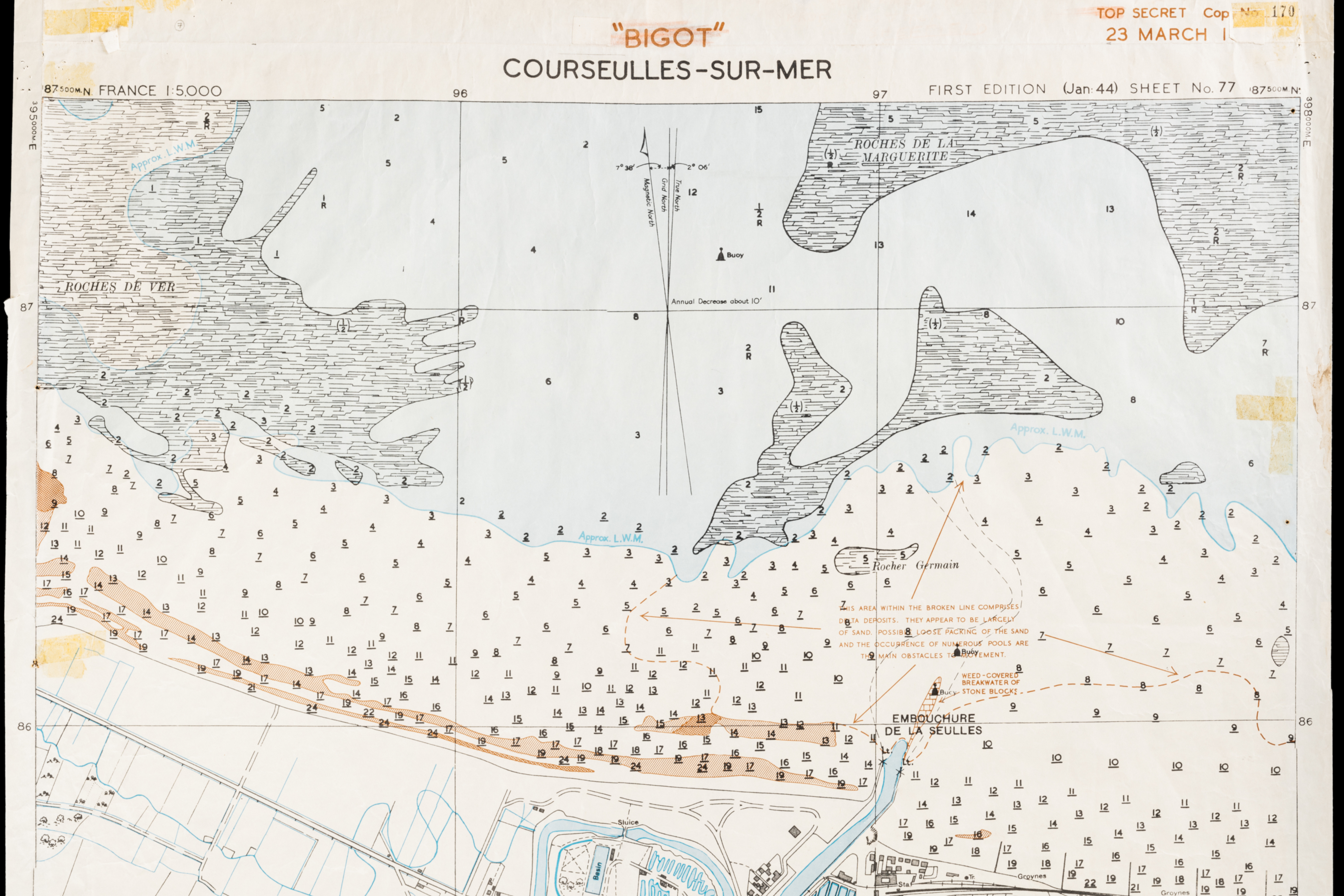 A geological map of the beaches of France made during the Second World War.