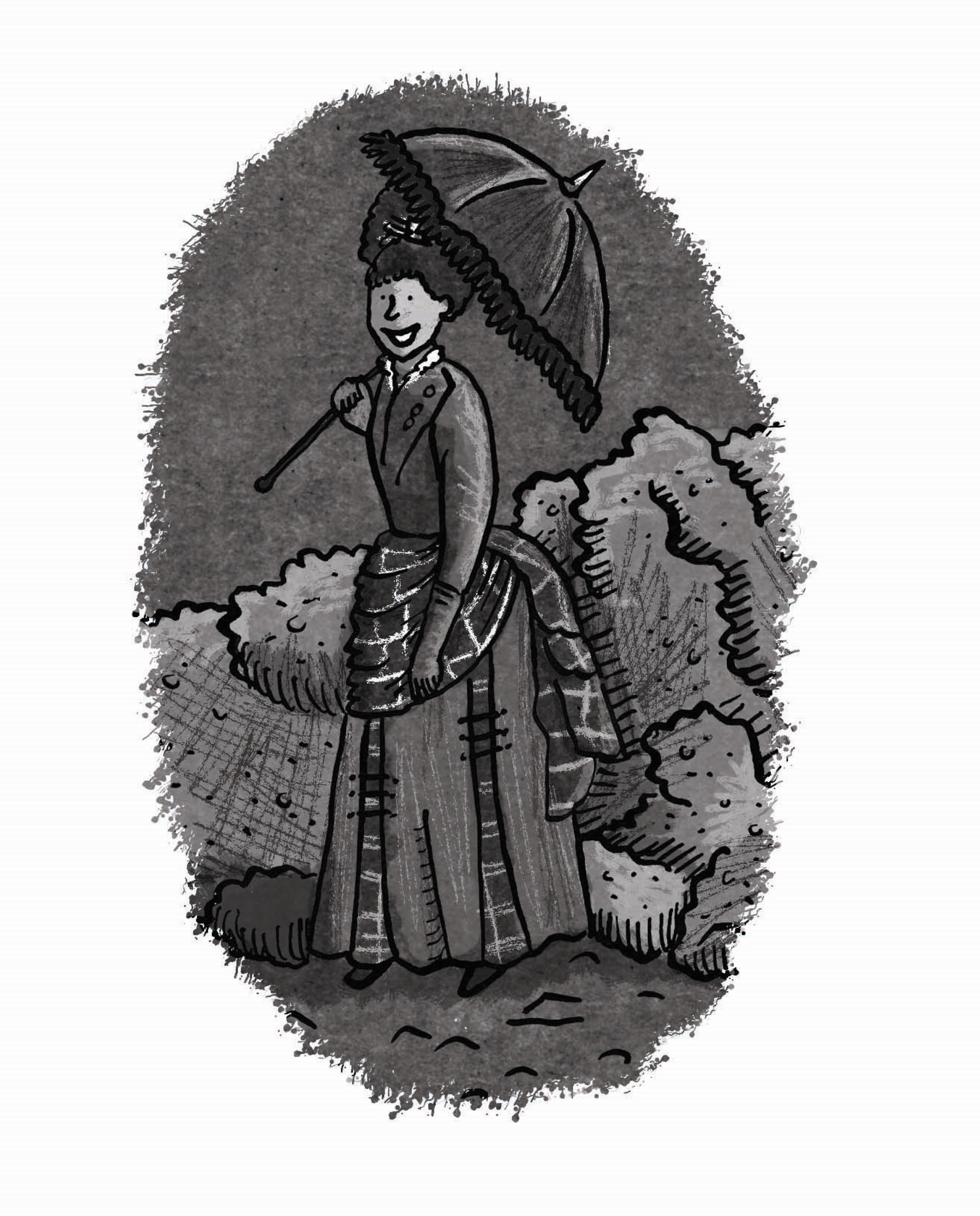 A cartoon of a woman in Victorian attire carrying a parasol in front of a volcanic landscape.