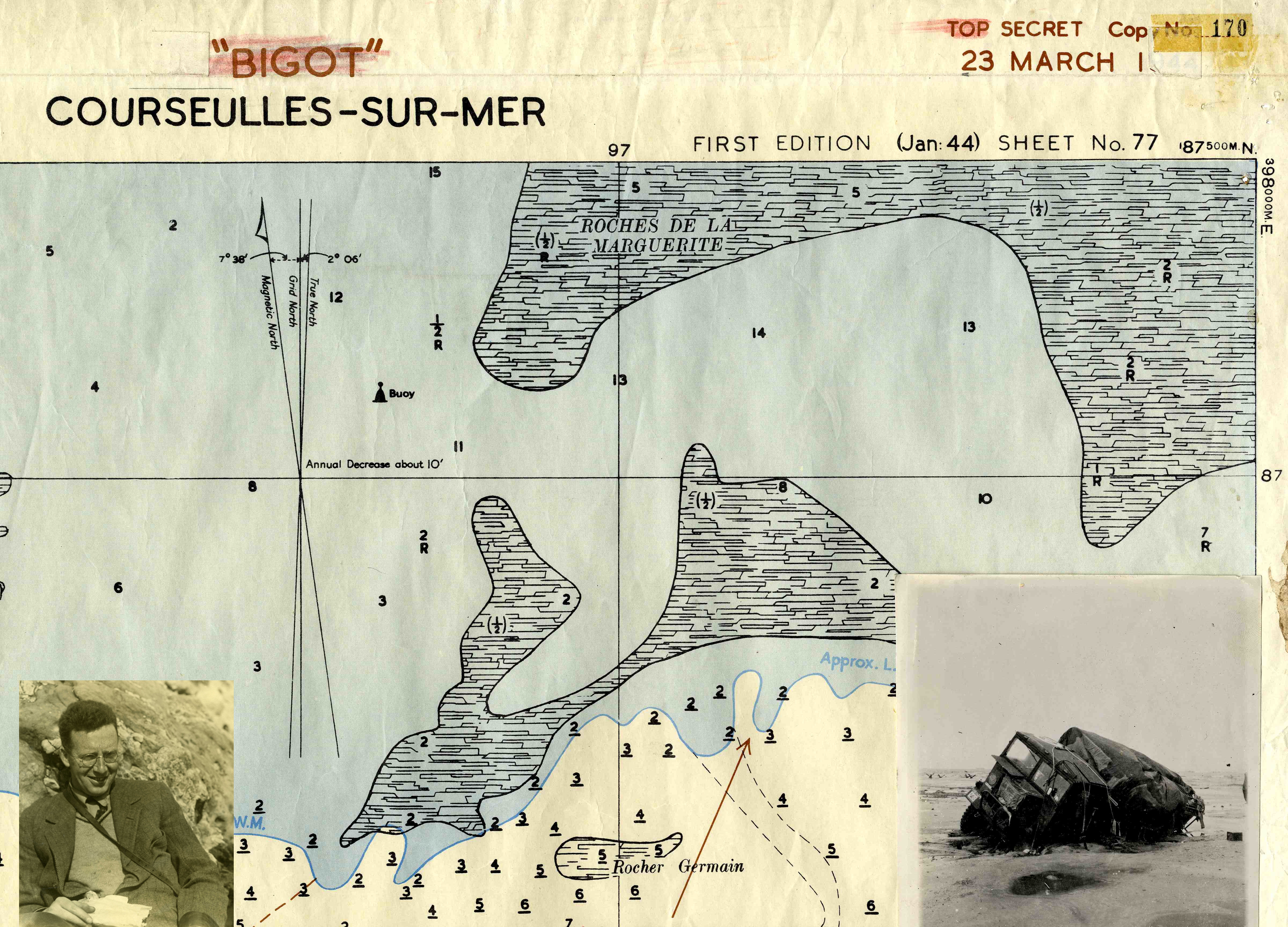 Part of a geologic map produced for D-Day overlain by images of Fred Shotton and a sunken military vehicle.