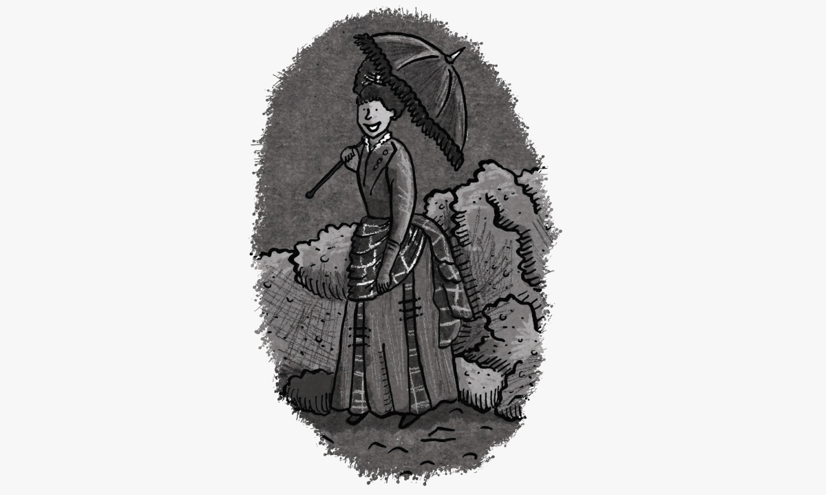Cartoon of a woman in Victorian attire carrying a parasol in front of a volcanic landscape.