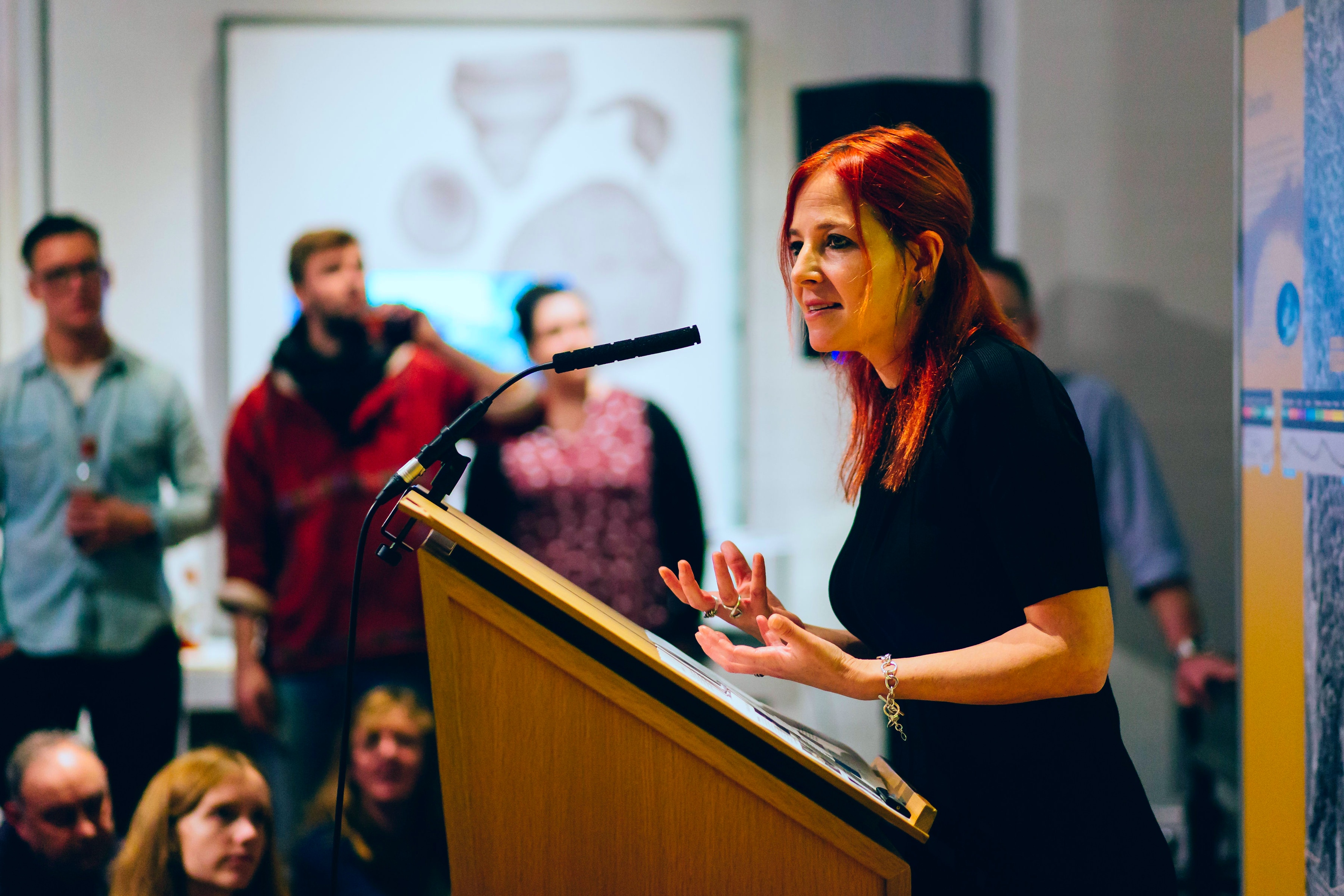 Alice Roberts presents a lecture in the Lapworth Museum.