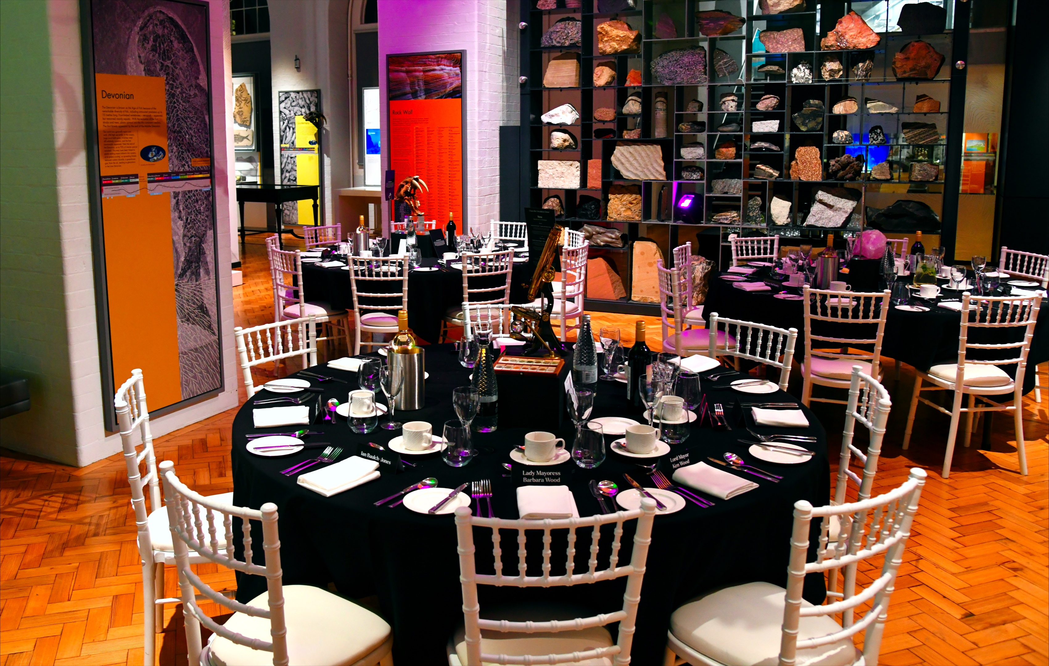 Formal dinner tables with geological showpieces in the Lapworth Museum galleries.