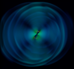 A visualisation of gravitational waves from a binary black hole merger.