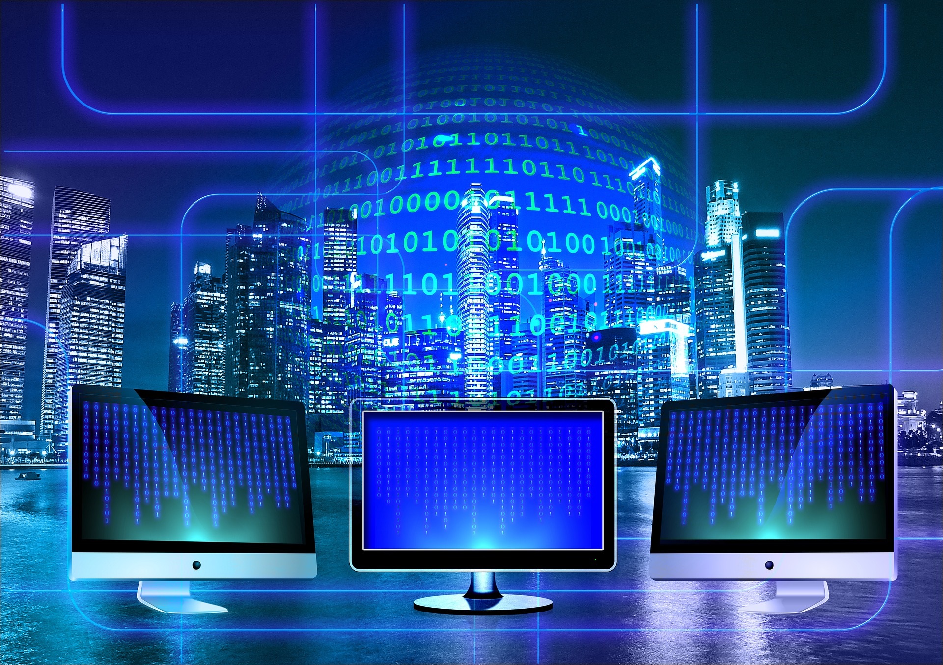 three computer screens against a blue background of binary code and skyscrapers