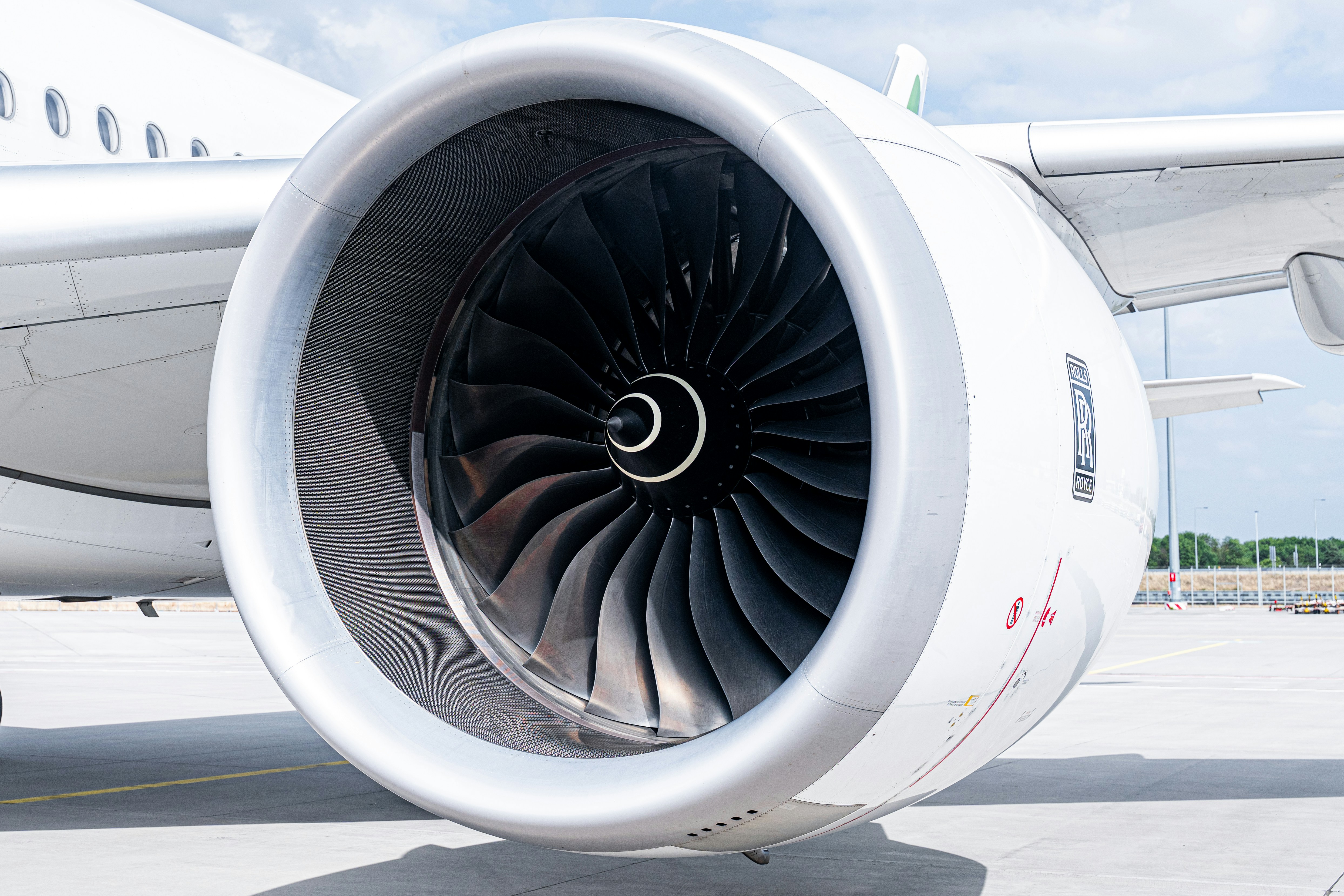 Close-up of a Rolls Royce jet engine from an Airbus A350-900XWB