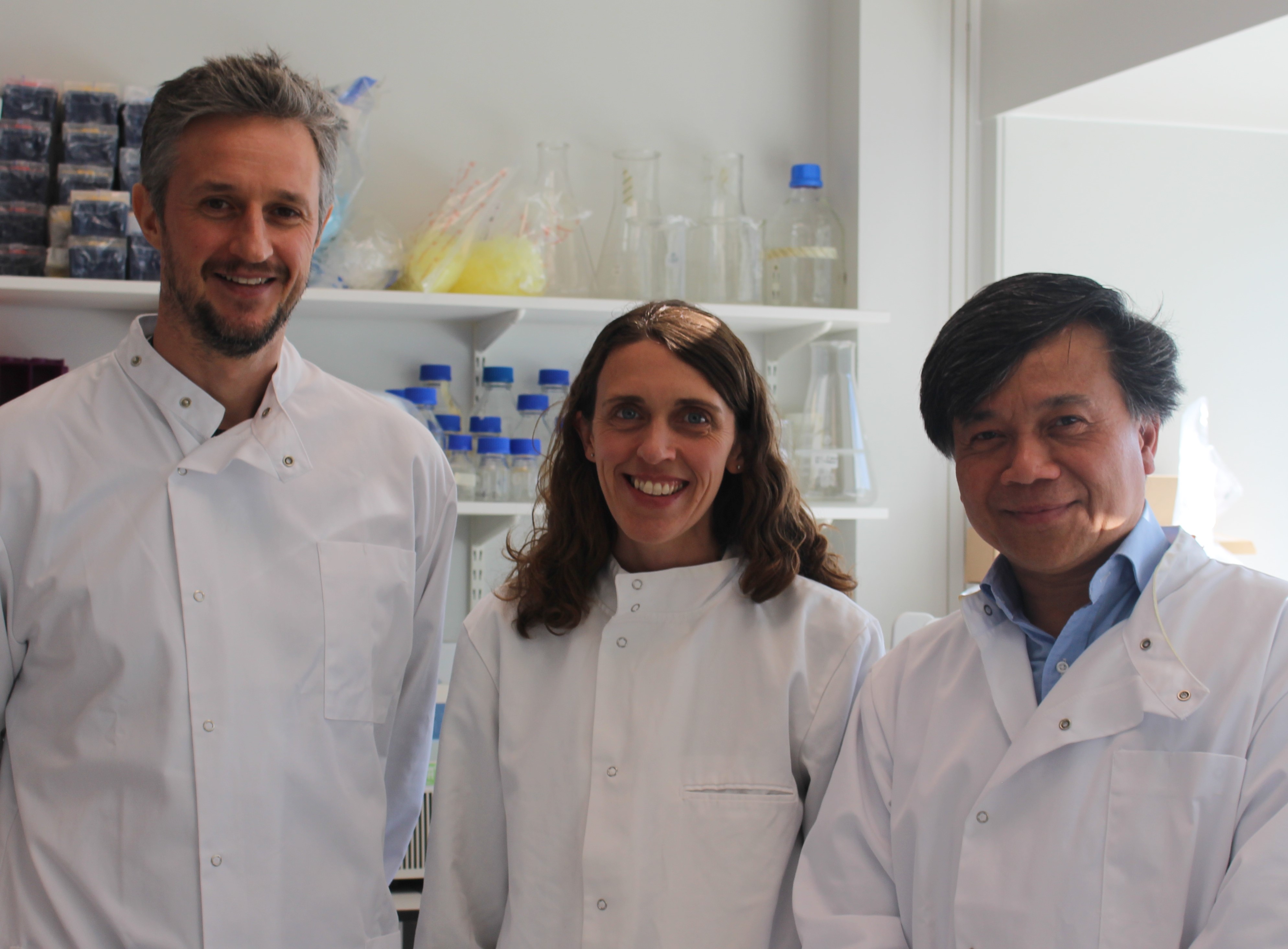 Dr David Bending, Dr Claire Palles and Professor Ye Htun Oo, all wearing white lab coats. 