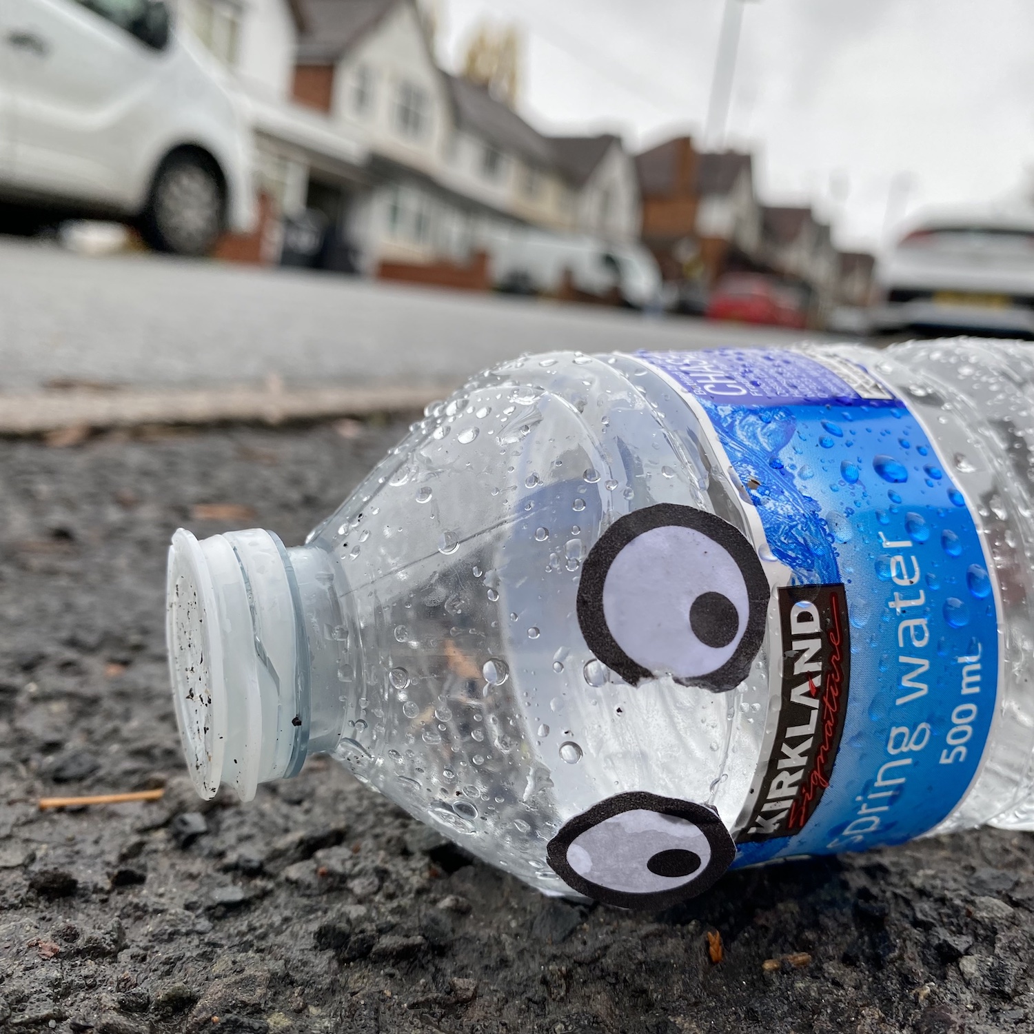 A close up shot of a plastic bottle with cartoon eyes applied, in the gutter of a street.